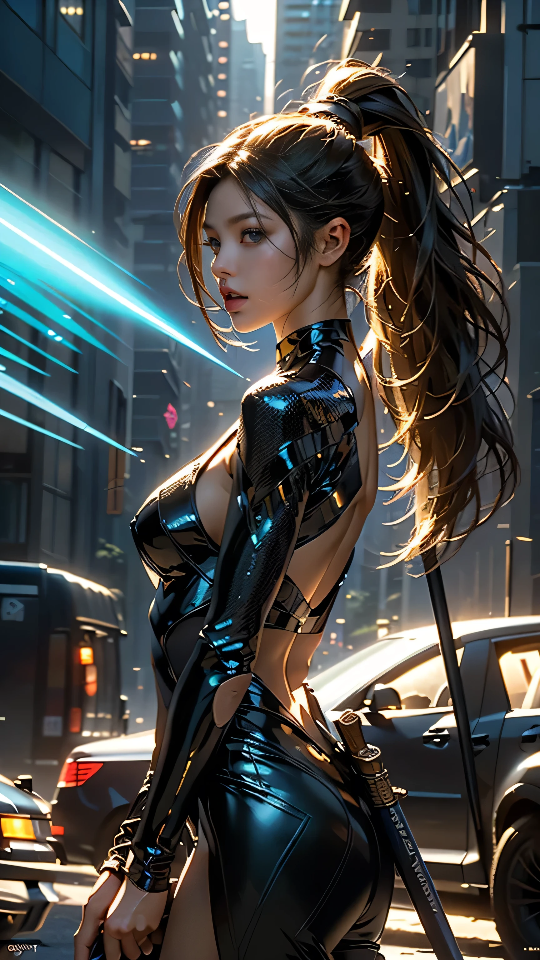 Masterpiece, best possible quality (UHD photographic low angle shot,) ((of a gorgeous stealthy and agile thief and adventurer in the middle of a street, in a dystopian city under attack, by what appear to be humans that have been infused with Viper DNA, The girl was no older than 19 years old, but could fight like she was born for it, natural beauty, stunningly beautiful, (((Ultra-fine-detailed fashion model looks and figure))), long, detailed, flowing ponytail)), ((holding a long dagger and a .50 desert eagle)), razor-sharp curved blades, in a fighting stance dressed in a leather, scrapped metal and fur lined garments that didn't leave too much to the imagination, consistent with the local tribes. (((It was her very fit body that was exuding a bright blue glowing aura, a luminescence that would light the street at night if it came to that, coming from her body in all directions))), wide-angle lens f/1.8, horrible battle imagery, magical bright blue rays of energy, explosions of earth, fire and smoke, swordplay, exciting action, fierce gaze, Ultra-high-quality, Ultra-fine-details, dystopian, post-apocalyptic setting, cinematic movie still, masterpiece, the best quality possible, highest possible resolution, 8k, ray tracing, HDR, UHD, volumetric lighting, Absurd resolution, textured details, excellent composition and lighting, golden hour, rule of thirds, over the shoulder, back view, God rays, God particles, Unreal Engine 5, Unity Engine, Blender, corona render, octane render, masterpiece,