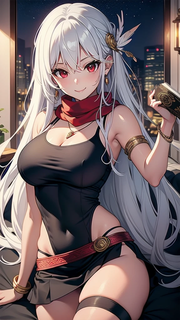 masterpiece, best quality, 1 solo girl, silver hair, red eyes, long hair, medium breasts, sexy body and face, wavy hair, smile, sleeveless shirt, scarf, black thigh-high, mini skirt, pendant, bracelet, jewelry, earrings, feather hair ornament, book, lying at the bed, night, sexy pose, cowboy shots, detailed body, face, and eyes, sharp focus, vibrant, creative, dynamic, high definition, high resolution, 8k, (Upscale: R-ESRGAN 4x+ Anime6mage enchance:4x), voluptuous body, cinema lightning, dakimakura style, looking at the viewer,