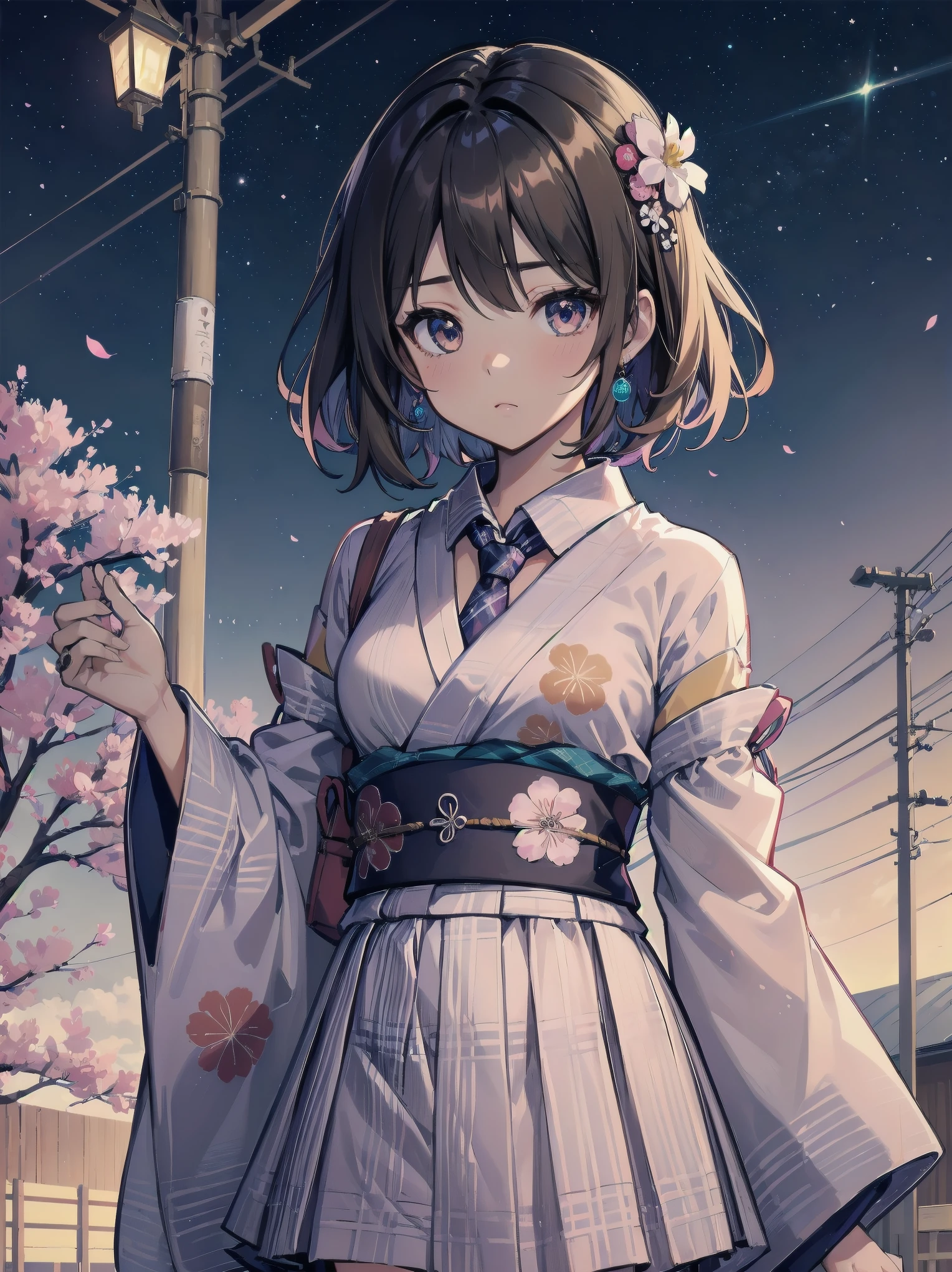 sendo yuuhi, short hair, hair rings, hair ornament, , shirt, necktie, jacket, brown sweater, long sleeves, white skirt, plaid skirt, kawaiitech, pastel colors, kawaii, cute colors, jyojifuku, obi, wide sleeves, yukata, dress, floral print