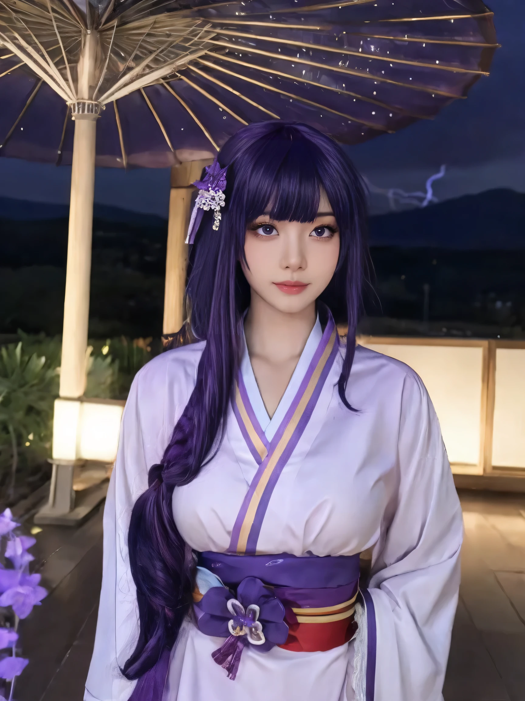 highest quality, masterpiece, high-detail, Reflects light realistically, 1 girl, Upper body, Shogun Raiden, (ulzzang-6500-v1.1:0.5), Big breasts, perfect face, Clear eyes, long-haired, purple hair, Hair Decoration, sky of lightning, night sky, Ancient building in the background, shallow depth of field, looking at the audience,