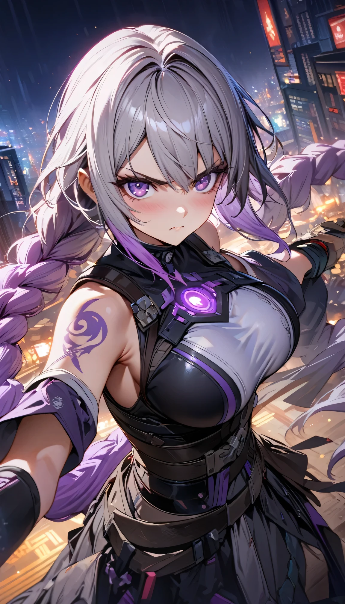 Night view, yinji , 1 Girl, purple hair,purple eyes,very long hair,grey hair,double braid,large ,gradient hair, Full body portrait of a man posing fiercelnst a neon-lit city background, Holding a samurai sword glowing in the dark. Have a tattoo, Super detailed, ready to fight, Serious expression, Super detailed samurai sword ,masterpiece, best quality, (Highly detailed CG Unity 8k wallpaper) (best quality), (Best Illustration),