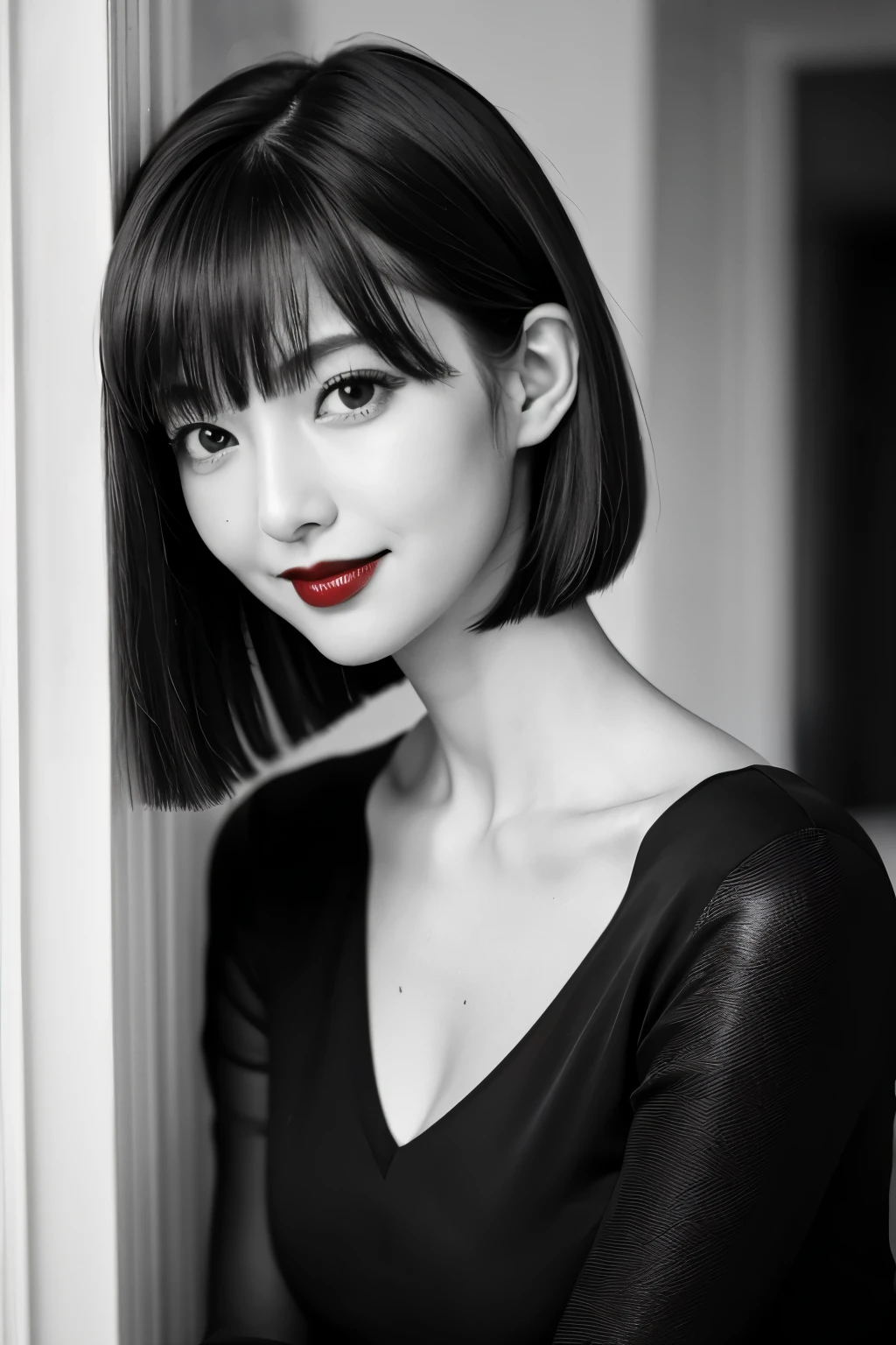 highest quality. Tabletop, 8k, Best image quality, Award-winning works, One Girl, ((((Black and white photography)))), ((Red lips)), The perfect V-neck knit sweater, Upper body shot from the waist up, (Facing forward), Perfect Makeup, Long eyelashes, Ultra-high definition sparkling eyes, Ultra HD Hair, Ultra High Resolution Glossy Lips, Ultra HD cute face, Very short straight hair, Symmetrical hair length, Look at me and smile, clavicle, Accurate anatomy, Face close-up, Luxury Love Hotel, The most atmospheric and warm lighting, Blurred Background