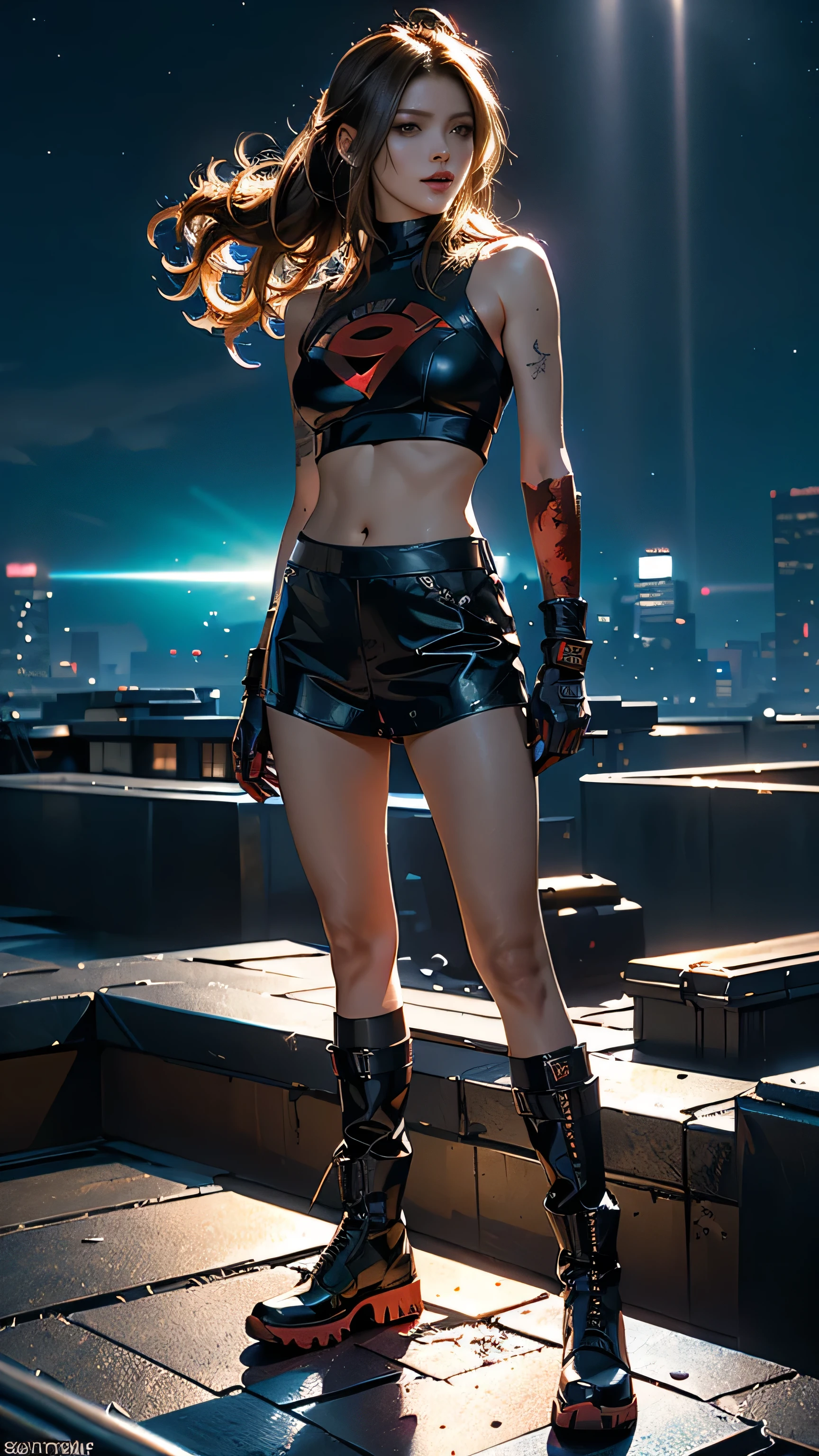 maximum detail, masterpiece, HDR, best quality, UHD Sony a1 mirrorless camera with a wide lens f/1.8 aperture (cinematic still frame, full body shot), 1girl, tight clothes, pigtails, light brown hair, tattoos on arms, super detailed hair, aqua eyes, magic circle, red fire, red flames, wallpaper, landscape, blood, blood splatter, night, light particles, God rays, side lighting, thighs, stylized after Castlevania the TV series, tight ripped leather tank top, leather plaid mini skirt, thigh-highs, shallow depth of field, (((vibrant colors, vibrant theme))), (intricate), (high contrast, photorealistic artwork:1.37), the best quality, 8k, high resolution, masterpiece:1.2), ultra-detailed, (realistic, photorealistic, photo-realistic:1.37), professional art, cinematic movie still, masterpiece, best quality, absurd resolution, 8k, ray tracing, HDR, UHD, volumetric lighting, Unreal Engine 5, Unity Engine, Blender, octane render, exquisite subject composition and use of lighting:1.4, exceptional, award-winning shading:1.38, sharp focus:1.35, low angle, ominous mood, facing the viewer, (in the illustration style of Greg Capullo:1.33 comic book cover artist), (((being chased:1.3 along a rooftop at night by drones, spotlights from the sky))), repeat positive prompts, repeat negative prompts, HDR, 8k, UHD 8K resolution, wide-angle lens, full shot photograph, Absurd resolution, maximum detail, photorealistic, realistic, ultra-realistic, cyberpunk city setting,