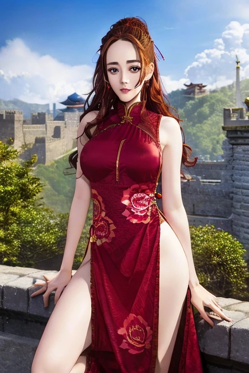 Dilraba dilmurat, highres,absurdres,masterpiece,best quality,original,extremely detailed CG,extremely detailed wallpaper,perfect lighting,standing on the stage,looking at viewer,1girl,ancient castle on top of a mountain background,bare hands, long hair, blue Eyes, big breasts.
Sexy slit Red china dress,