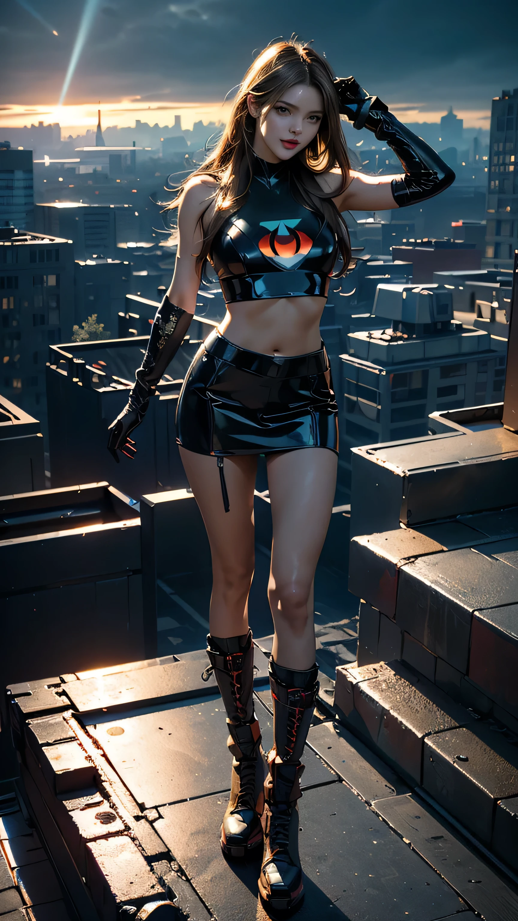 maximum detail, masterpiece, HDR, best quality, UHD Sony a1 mirrorless camera with a wide lens f/1.8 aperture (cinematic still frame, full body shot), 1girl, tight clothes, pigtails, light brown hair, tattoos on arms, super detailed hair, aqua eyes, magic circle, red fire, red flames, wallpaper, landscape, blood, blood splatter, night, light particles, God rays, side lighting, thighs, stylized after Castlevania the TV series, tight ripped leather tank top, leather plaid mini skirt, thigh-highs, shallow depth of field, (((vibrant colors, vibrant theme))), (intricate), (high contrast, photorealistic artwork:1.37), the best quality, 8k, high resolution, masterpiece:1.2), ultra-detailed, (realistic, photorealistic, photo-realistic:1.37), professional art, cinematic movie still, masterpiece, best quality, absurd resolution, 8k, ray tracing, HDR, UHD, volumetric lighting, Unreal Engine 5, Unity Engine, Blender, octane render, exquisite subject composition and use of lighting:1.4, exceptional, award-winning shading:1.38, sharp focus:1.35, low angle, ominous mood, facing the viewer, (in the illustration style of Greg Capullo:1.33 comic book cover artist), (((being chased:1.3 along a rooftop at night by drones, spotlights from the sky))), repeat positive prompts, repeat negative prompts, HDR, 8k, UHD 8K resolution, wide-angle lens, full shot photograph, Absurd resolution, maximum detail, photorealistic, realistic, ultra-realistic, cyberpunk city setting,