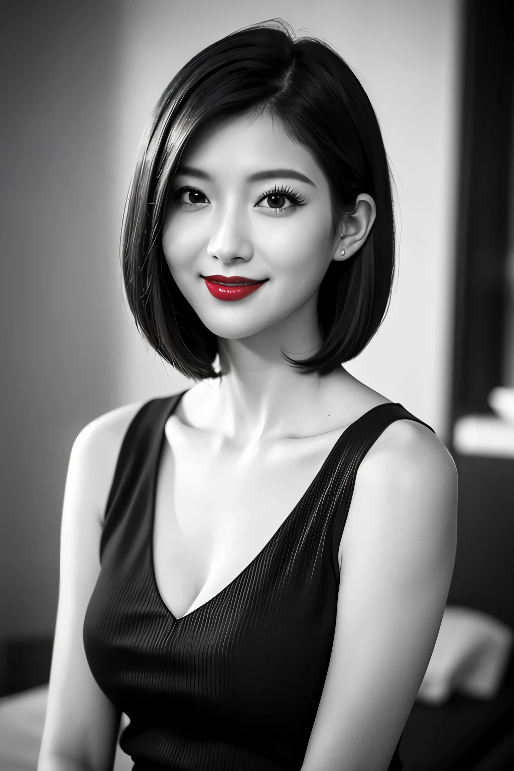 highest quality. Tabletop, 8k, Best image quality, Award-winning works, One Girl, ((((Black and white photography)))), ((Red lips)), The perfect V-neck knit sweater, Upper body shot from the waist up, (Facing forward), Perfect Makeup, Long eyelashes, Ultra-high definition sparkling eyes, Ultra HD Hair, Ultra High Resolution Glossy Lips, Ultra HD cute face, Very short straight hair, Symmetrical hair length, Look at me and smile, clavicle, Accurate anatomy, Face close-up, Luxury Love Hotel, The most atmospheric and warm lighting, Blurred Background