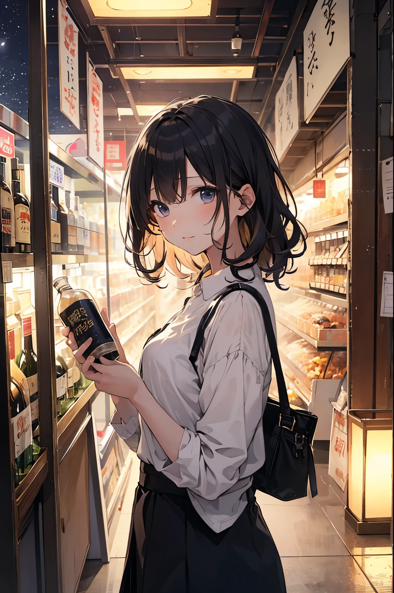 (Pretty sister:1.3)、(Super detailed)、Spring atmosphere、night、liquor、居liquor屋、輝くnight空、Messy Hair、moisture