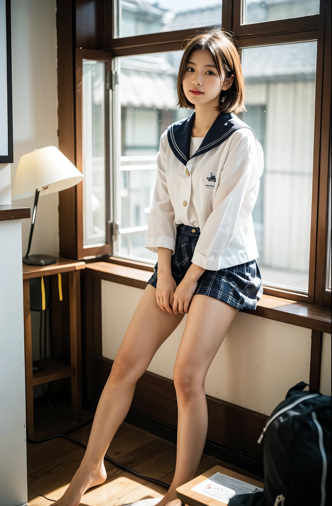 Wearing a sailor suit jacket、Japanese high school students、18-year-old female, RAW shooting, (realism: 1.8, Realistic), High-definition CG integrated 8K wallpaper, One Girl, looking at the camera, ((Straight from the front))), (high qualityスキン: 1.8, Shiny skin)), 8K Ultra HD, Digital SLR, Soft lighting, high quality, Film Grain, Fujifilm XT3, (whole body: 0.5) (Professional Lighting: 1.6), 白い綿のunderwear, underwear, Stand in front, Japanese women, 足首からwhole bodyまで, Bristle pubic hair, Resembling Mai Shiraishi, A shot looking up from the feet, Long Back Double, Height: 160cm, Weight 50kg, Calm and busy