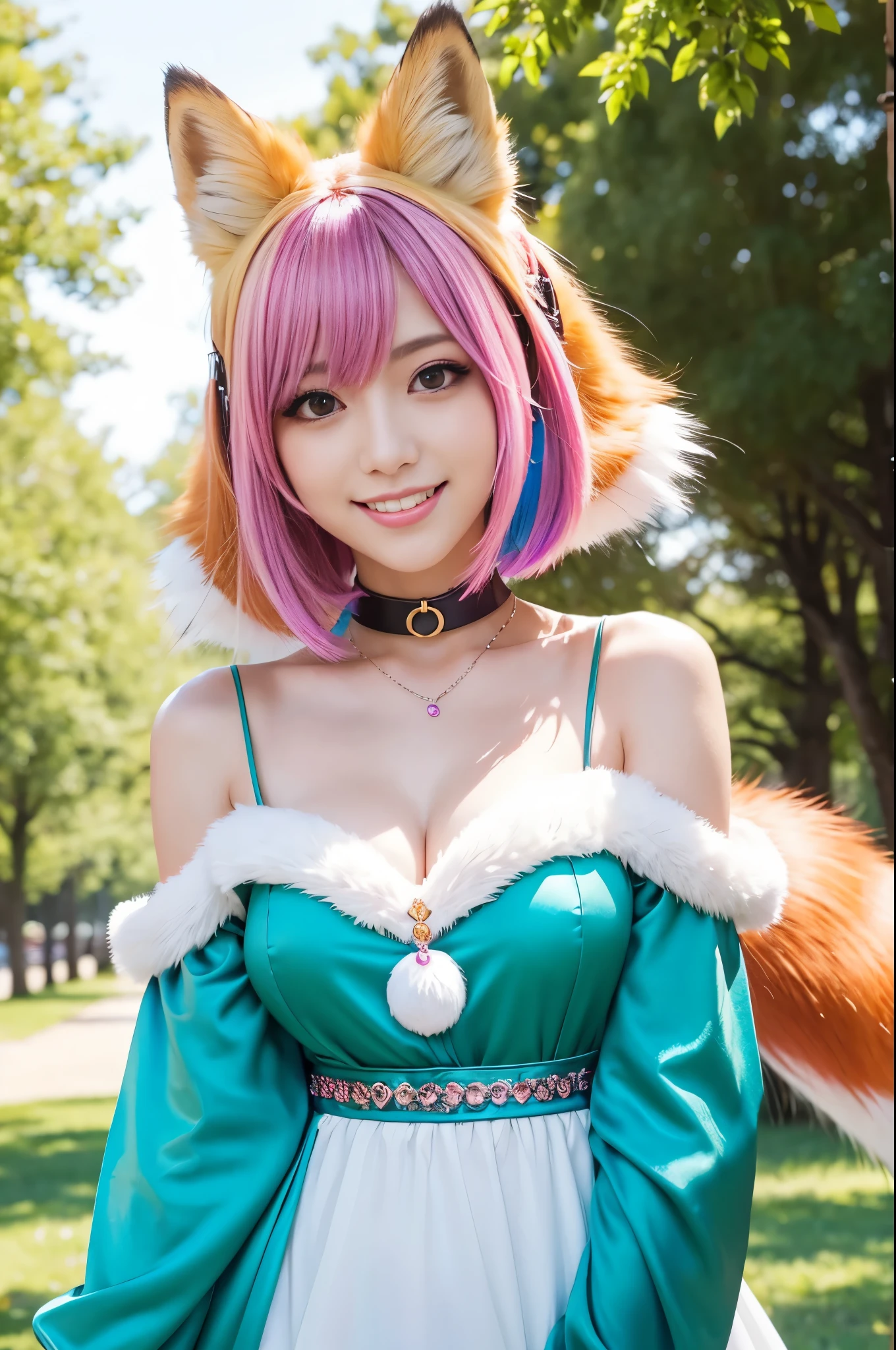 beautiful sexy princess, (-anime), only 1 female, very short hair, beautiful smile, lipgloss, long lashes, defined eyebrows, detailed fox anime cosplay, fox tail, fox choker, fox bracelets, fluffy fur vivid colors fox outfit, fox cosplay accessoires, fox ears, vivid colors, look at the camera, cinematic light, large park background with trees, sweet and sexy pose