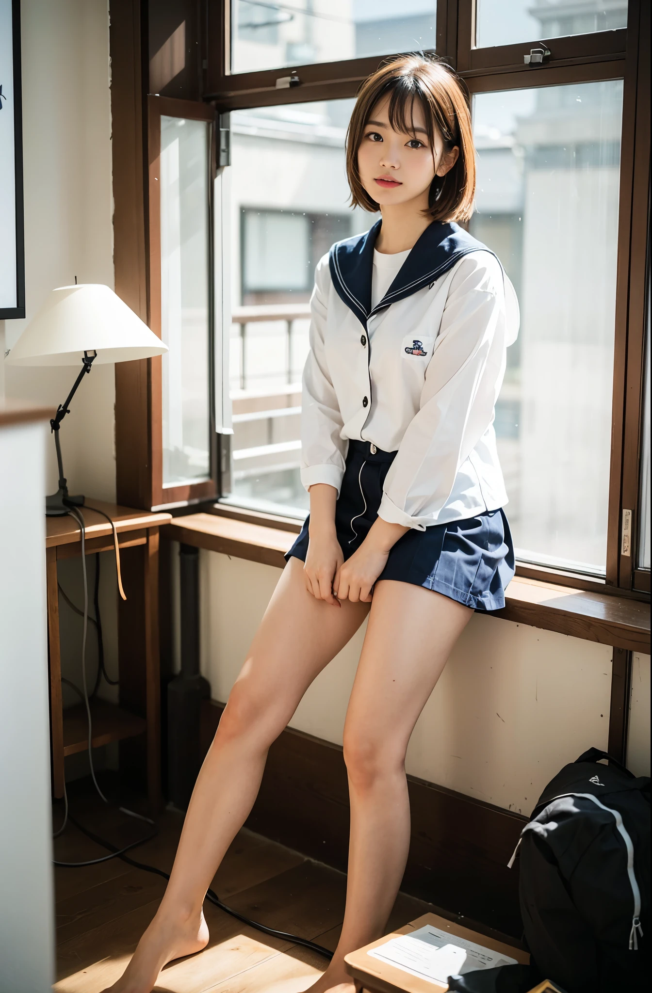 Wearing a sailor suit jacket、Japanese high school students、18-year-old female, RAW shooting, (realism: 1.8, Realistic), High-definition CG integrated 8K wallpaper, One Girl, looking at the camera, ((Straight from the front))), (high qualityスキン: 1.8, Shiny skin)), 8K Ultra HD, Digital SLR, Soft lighting, high quality, Film Grain, Fujifilm XT3, (whole body: 0.5) (Professional Lighting: 1.6), 白い綿のunderwear, underwear, Stand in front, Japanese women, 足首からwhole bodyまで, Bristle pubic hair, Resembling Mai Shiraishi, A shot looking up from the feet, Long Back Double, Height: 160cm, Weight 50kg, Calm and busy