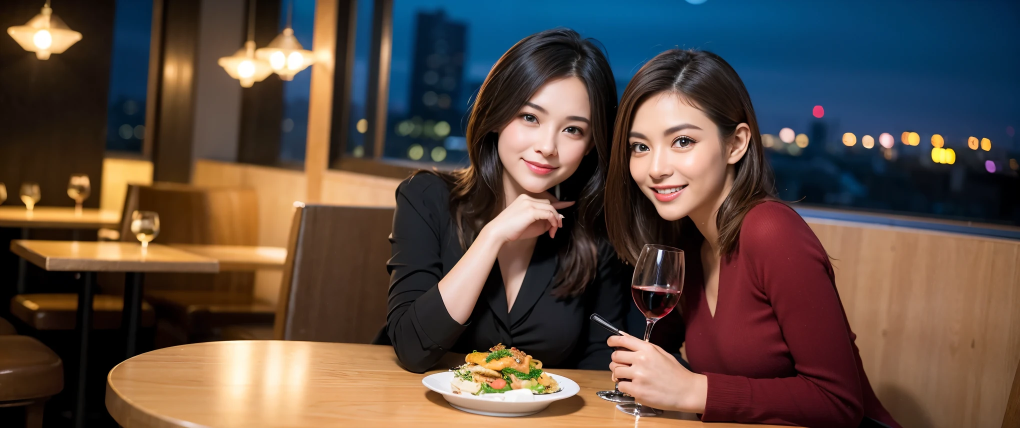 ((highest quality、8k、masterpiece:1.3))、1 male 1 female、Couple、Lovers Couple、slimなボディ、((Bob Hale、Straight hair:1.2))、(Realistic, Intricate details:1.2), テーブルにwine glass、Put the light on your face、 Amazing view of the sunset sky and clouds、Amazing mountain views、ニコニコ明るいsmile、smileの素敵な女性、Bright image、Beautiful Face, blue eyes, The light shines on your face, Blushing, short hair,Bright Face、Fox face、 (36 years old), 39 years old, Lady、red wine 、Appetizers、Italian food、Wine bottle、Champagne、sparkling wine、Two beauties、Brown Hair、Shortcuts、Long sleeve shirt、dress、Pretty Woman 1, (slimな顔), (The body is slim), (Brown Hair), (Shortcuts), cheeks turn a little red,Attractive beauty、, Out of the window, A beautiful and detailed night view unfolds.........., restaurant, In a prominent place (From the waist up) Nova Frog Style, actress, model, Upper Body, White wine, slim, wine glass, 真ん中に置かれたwine glass, smile, (smile: 1.15), Beautiful fine grain, Depth f/2,saturation, High Contrast, Strong light and shadow,Moist Body:1.5、3D texture、Delicate eyes、Brown Hair、The hair is very shiny、