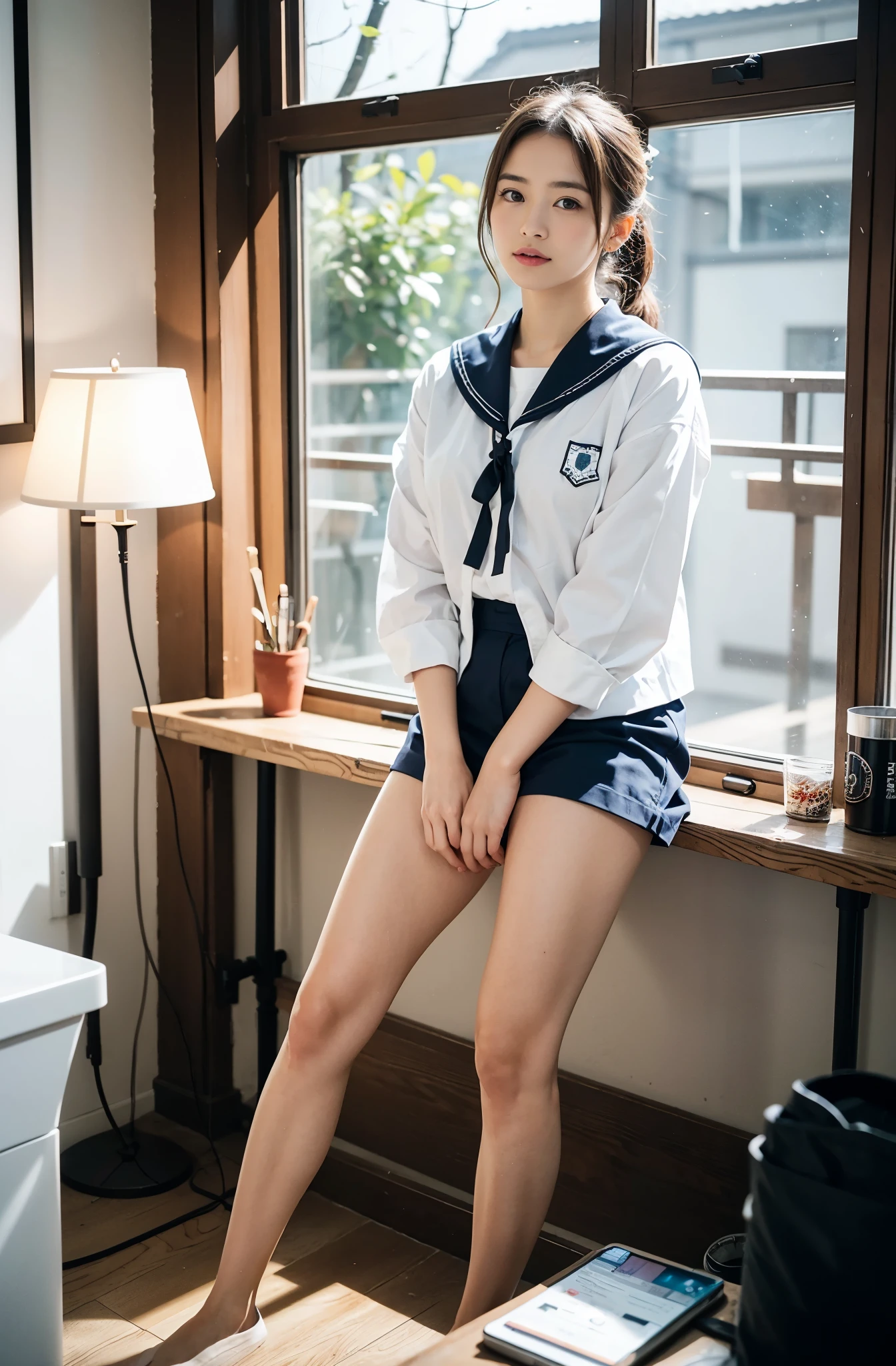 Wearing a sailor suit jacket、Japanese high school students、18-year-old female, RAW shooting, (realism: 1.8, Realistic), High-definition CG integrated 8K wallpaper, One Girl, looking at the camera, ((Straight from the front))), (high qualityスキン: 1.8, Shiny skin)), 8K Ultra HD, Digital SLR, Soft lighting, high quality, Film Grain, Fujifilm XT3, (whole body: 0.5) (Professional Lighting: 1.6), 白い綿のunderwear,  underwear, Stand in front, Japanese women, 足首からwhole bodyまで, Bristle pubic hair, Resembling Mai Shiraishi, A shot looking up from the feet, Long Back Double, Height: 160cm, Weight 50kg, Calm and busy