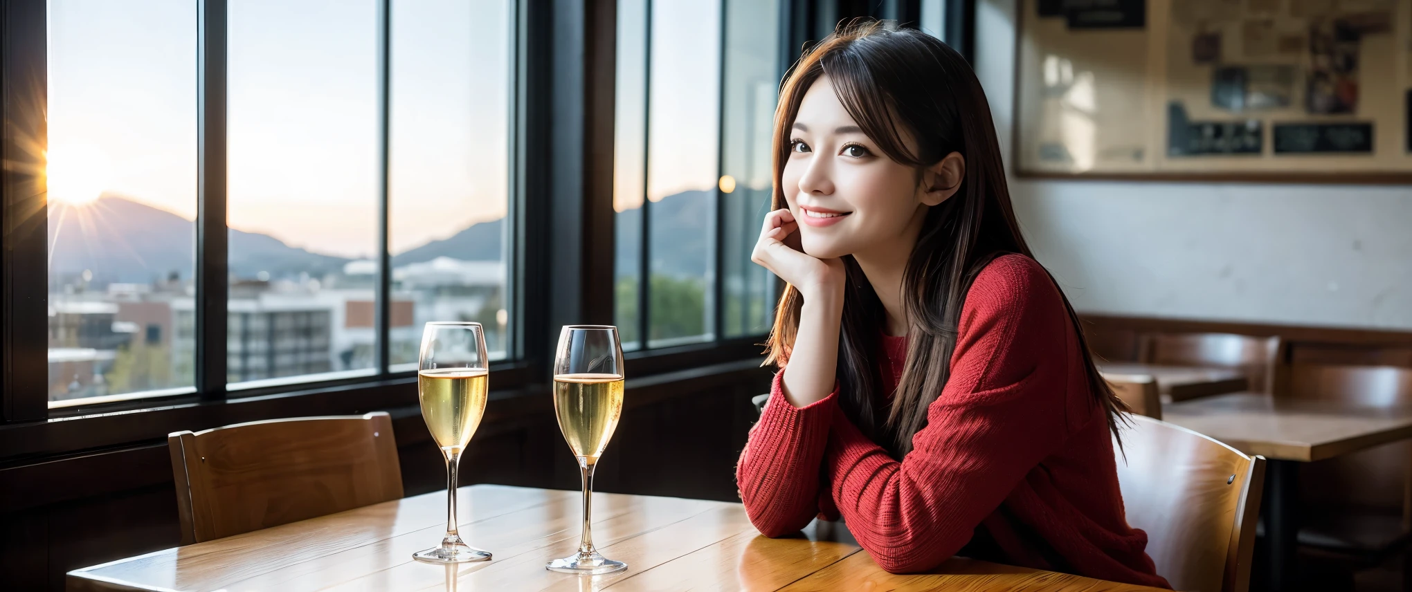 ((highest quality、8k、masterpiece:1.3))、1 male 1 female、Couple、Lovers Couple、slimなボディ、((Bob Hale、Straight hair:1.2))、(Realistic, Intricate details:1.2), テーブルにwine glass、Put the light on your face、 Amazing view of the sunset sky and clouds、Amazing mountain views、ニコニコ明るいsmile、smileの素敵な女性、Bright image、Beautiful Face, blue eyes, The light shines on your face, Blushing, short hair,Bright Face、Fox face、 (36 years old), 39 years old, Lady、red wine 、Appetizers、Italian food、Wine bottle、Champagne、sparkling wine、Two beauties、Brown Hair、Shortcuts、Long sleeve shirt、dress、Pretty Woman 1, (slimな顔), (The body is slim), (Brown Hair), (Shortcuts), cheeks turn a little red,Attractive beauty、, Out of the window, A beautiful and detailed night view unfolds.........., restaurant, In a prominent place (From the waist up) Nova Frog Style, actress, model, Upper Body, White wine, slim, wine glass, 真ん中に置かれたwine glass, smile, (smile: 1.15), Beautiful fine grain, Depth f/2,saturation, High Contrast, Strong light and shadow,Moist Body:1.5、3D texture、Delicate eyes、Brown Hair、The hair is very shiny、
