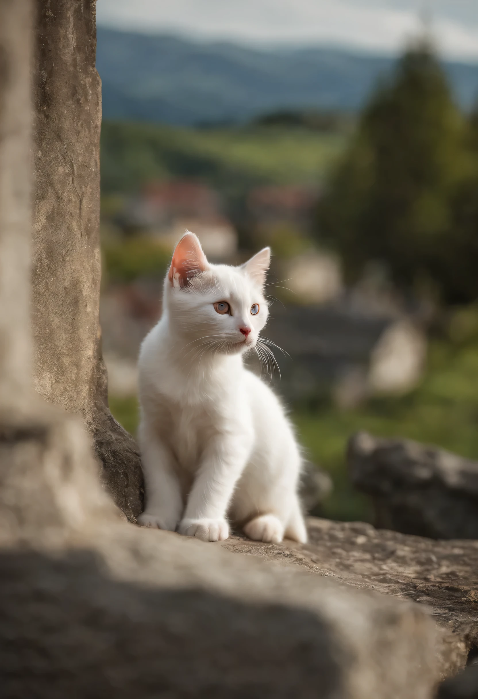 white kitten, red eyes, looking at the sky, the Swiss countryside, cute kitten