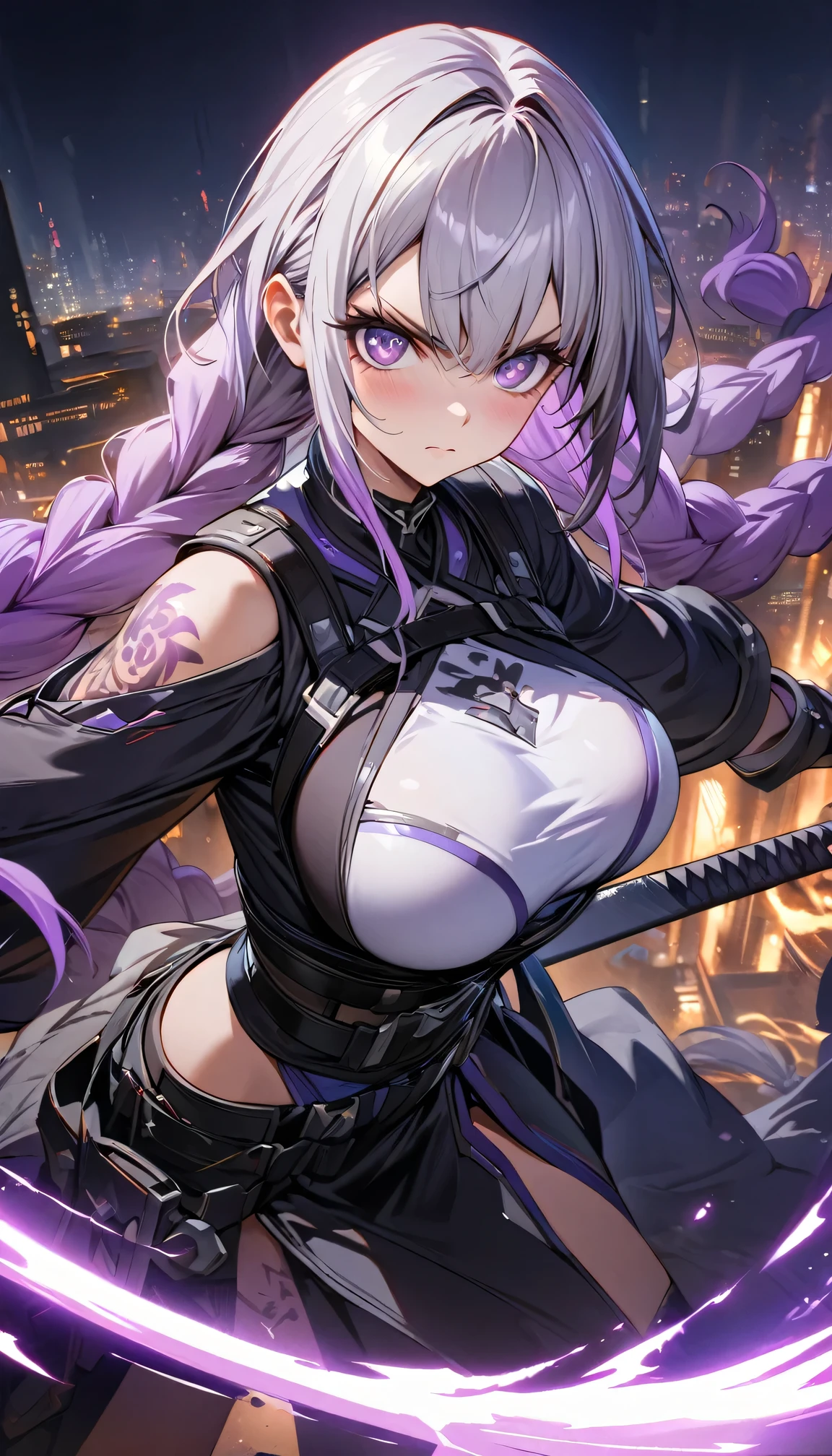 Night view, yinji , 1 Girl, purple hair,purple eyes,very long hair,grey hair,double braid,large breasts,gradient hair, Full body portrait of a man posing fiercely against a neon-lit city background, Holding a samurai sword glowing in the dark. Have a tattoo, Super detailed, ready to fight, Serious expression, Super detailed samurai sword ,masterpiece, best quality, (Highly detailed CG Unity 8k wallpaper) (best quality), (Best Illustration),
