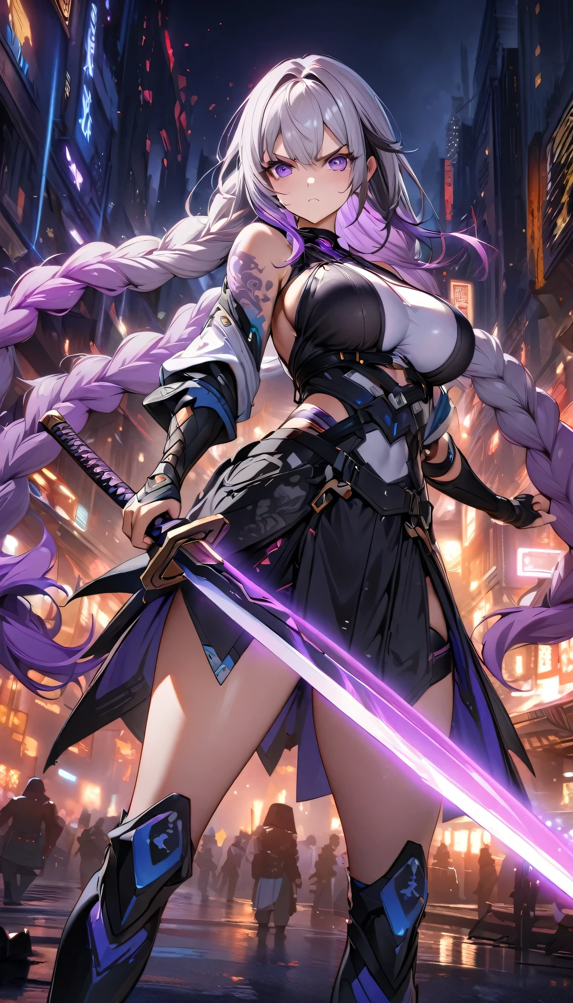 Night view, yinji , 1 Girl, purple hair,purple eyes,very long hair,grey hair,double braid,large breasts,gradient hair, Full body portrait of a man posing fiercely against a neon-lit city background, Holding a samurai sword glowing in the dark. Have a tattoo, Super detailed, ready to fight, Serious expression, Super detailed samurai sword ,masterpiece, best quality, (Highly detailed CG Unity 8k wallpaper) (best quality), (Best Illustration),