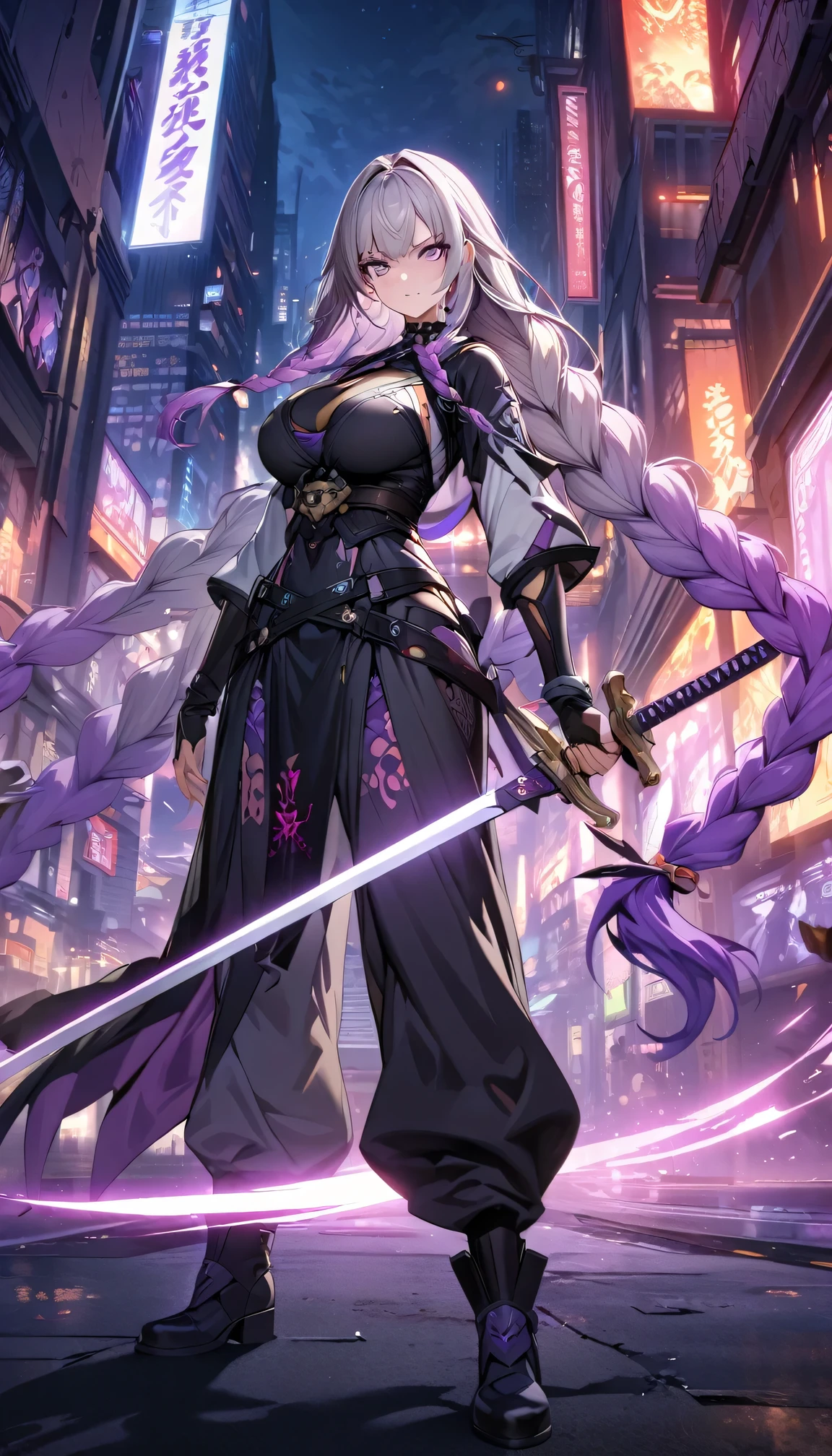 Night view, yinji , 1 Girl, purple hair,purple eyes,very long hair,grey hair,double braid,large breasts,gradient hair, Full body portrait of a man posing fiercely against a neon-lit city background, Holding a samurai sword glowing in the dark. Have a tattoo, Super detailed, ready to fight, Serious expression, Super detailed samurai sword ,masterpiece, best quality, (Highly detailed CG Unity 8k wallpaper) (best quality), (Best Illustration),