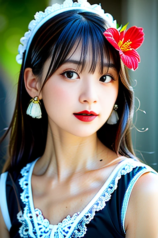 (Highest quality details:1.2), Realistic, 8K Ultra HD, High resolution, Fujifilm(Medium format), Hasselblad, Carl Zeiss, Incredible dynamic range photography(utility_art:Smoose-768:1.1), (One Girl:1.2), Super detailed, High quality textures, Intricate details, detailed, Very detailed CG, High Quality Shadows, detailed Beautiful and delicate face, detailed Beautiful and delicate eyes, Depth of written boundary, Ray Tracing, 18 years old, Cute Japanese Girl, Narrow Face, Glossy lips, looking at the camera, Glowing Eyes, Perfect body, View the viewer, (Jewelry Earrings), (Eye Color: Brown), (Bright red flower hair ornament), (Long white hair), (Layered Hairstyles), (Black Gothic ta:1.5), Fashion Model Style, Small breasts, light colored lipstick
