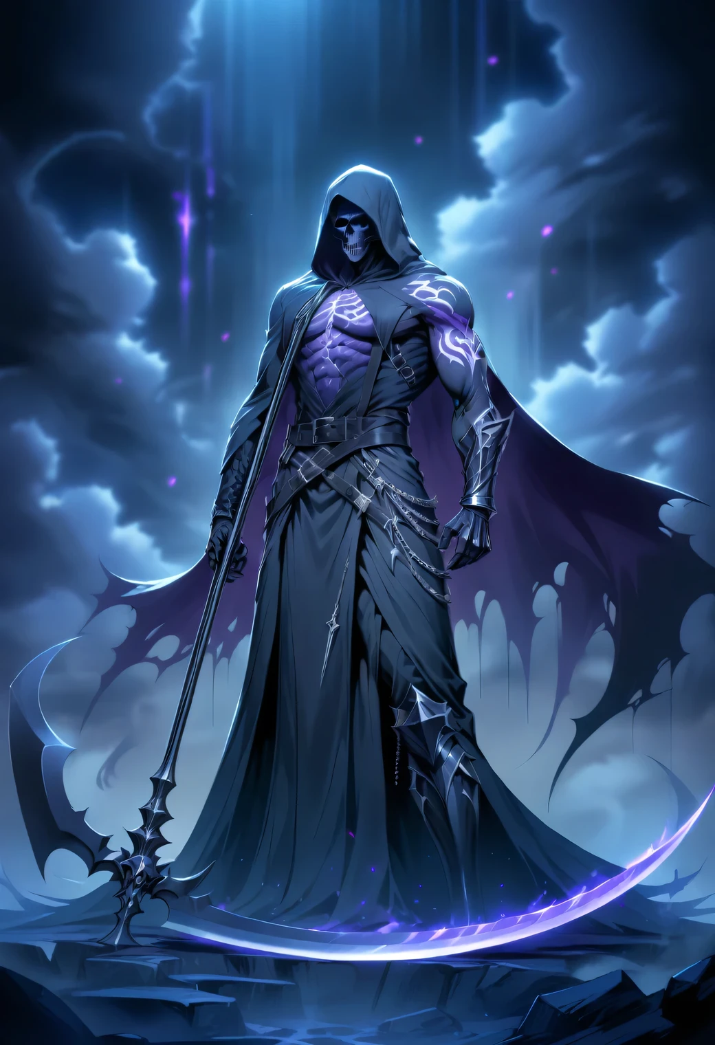 masterpiece, best quality, very aesthetic, absurdres, Black Grim Reaper silently descends from the sky with Deathscythe, hoodie, boots, tattoos and purple aura,