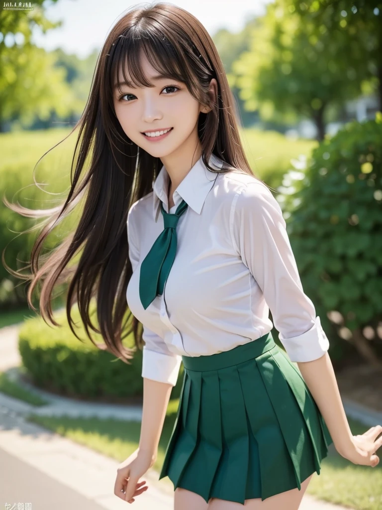 Woman posing for a photo, ((whole bodyショット)), The most beautiful Japanese models, 17 year old female model, 4k、bangs、(((smile))), (Semi-long hair), 非対称なbangs, Straight hair、(White shirt, Green tie , Dark blue pleated skirt:1.2),　(Idol-like and super cute face:1.4), whole body, Slim and beautiful figure, sexy, Beautiful breasts, Laughter, The background is a row of fresh green trees, (Raw photo, highest quality, masterpiece, Ultra-detailed, Ultra-high resolution, Realistic),
