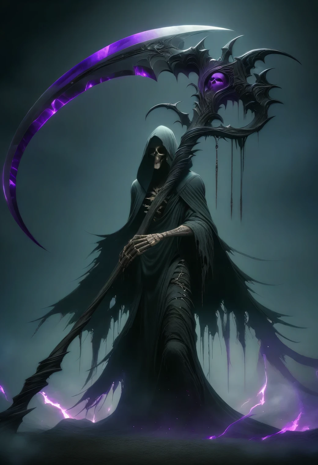 masterpiece, best quality, very aesthetic, absurdres, Black Grim Reaper silently descends from the sky with Deathscythe, hoodie, boots, tattoos and purple aura,