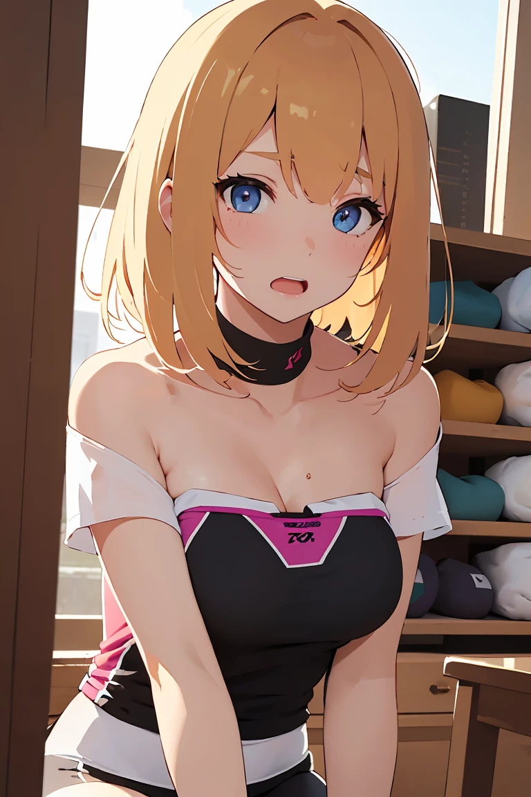 masterpiece, absurdres, best quality, ultra detailed, high Resolution, detailed illustration, bright colour, (extremely beautiful detailed face and eyes, Delicate beautiful face, 1 girl, cute face:1.3), (magenta eyes:1.1), sparkling eyes, big eyes, medium breasts, (perky breasts:1.1), (pointy breasts:1.1), medium hips, glamorous body, white skin, BREAK, long bob cut, (blonde hair:0.8), messy hair, detailed hair, shiny hair, BREAK (strapless training wear, down blouse:1.5), perfect lighting, (embarrassed:1.5), (ecstasy, vulgarity:1.5), (trembling:0.8), Muscle training, Do sit-ups, Sports Warehouse,