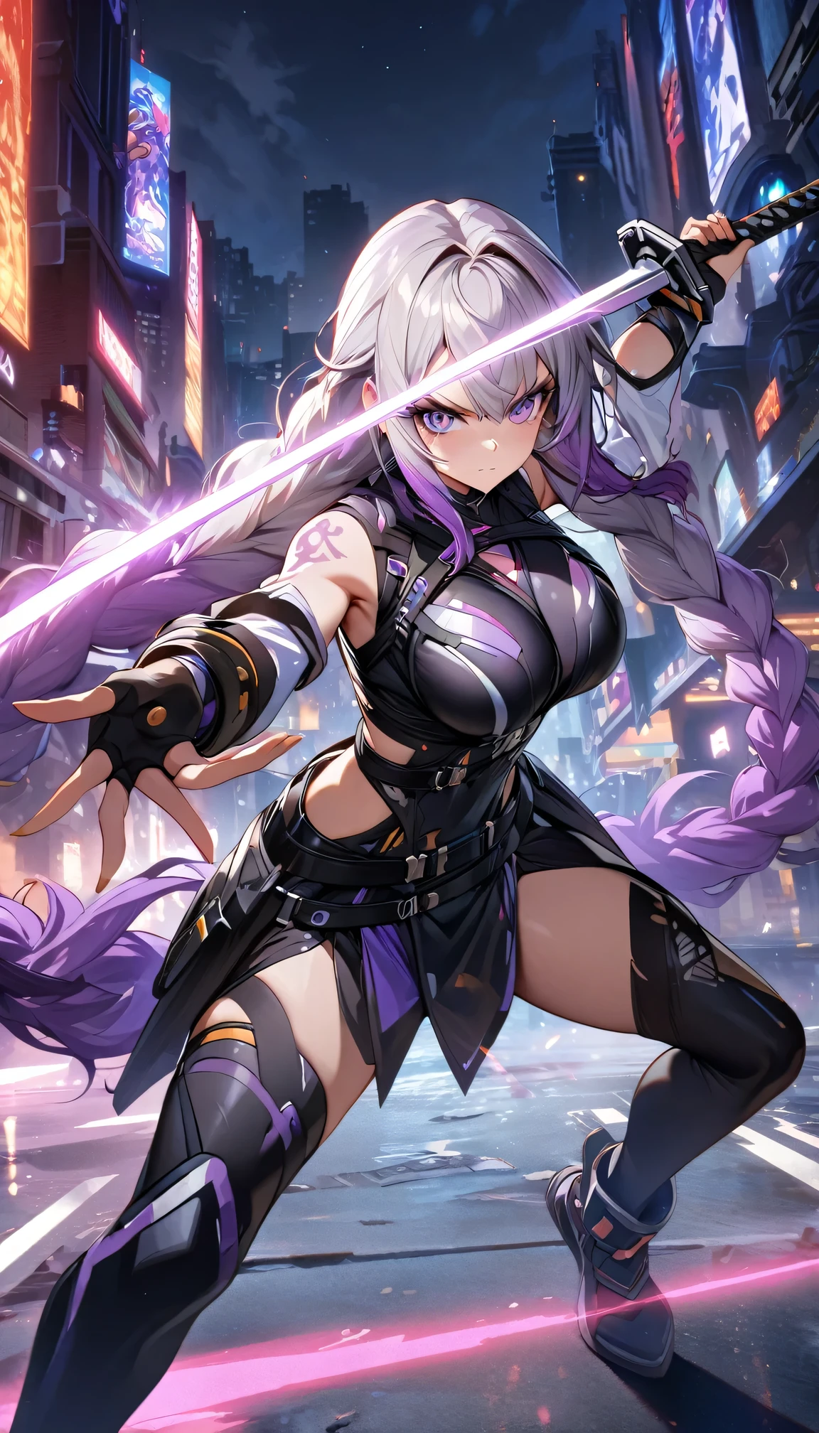 Night view, yinji , 1 Girl, purple hair,purple eyes,very long hair,grey hair,double braid,large breasts,gradient hair, Full body portrait of a man posing fiercely against a neon-lit city background, Holding a samurai sword glowing in the dark. Have a tattoo, Super detailed, ready to fight, Serious expression, Super detailed samurai sword ,cool, personality, brave,masterpiece, best quality, (Highly detailed CG Unity 8k wallpaper) (best quality), (Best Illustration),