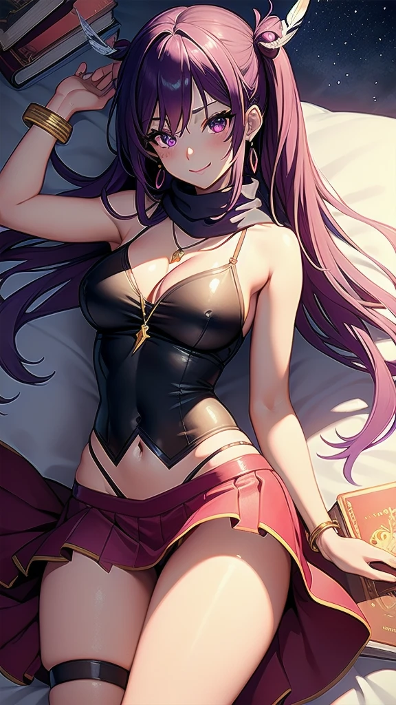 masterpiece, best quality, 1 solo girl, purple hair, pink eyes, long hair, medium breasts, sexy body and face, wavy hair, smile, sleeveless shirt, scarf, black thigh-high, mini skirt, pendant, bracelet, jewelry, earrings, feather hair ornament, book, lying at the bed, night, sexy pose, cowboy shots, detailed body, face, and eyes, sharp focus, vibrant, creative, dynamic, high definition, high resolution, 8k, (Upscale: R-ESRGAN 4x+ Anime6mage enchance:4x), voluptuous body, cinema lightning, dakimakura style, looking at the viewer, twintails, hair ribbon