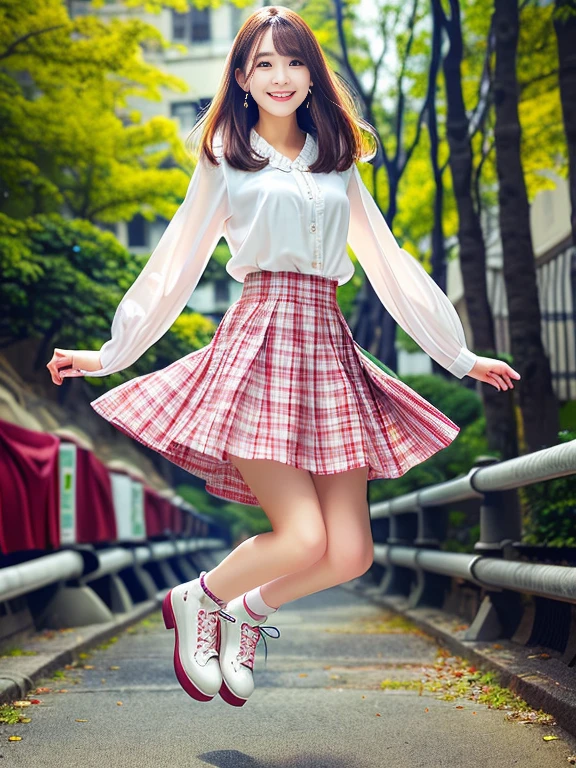 Photo-realistic quality、Wearing a white blouse20An old woman jumping in the air, Cute girls in real life, Wearing a flared checked skirt、looking at the camera、Cute Smile、Women like idols、Beautiful Model、A soft and gentle look