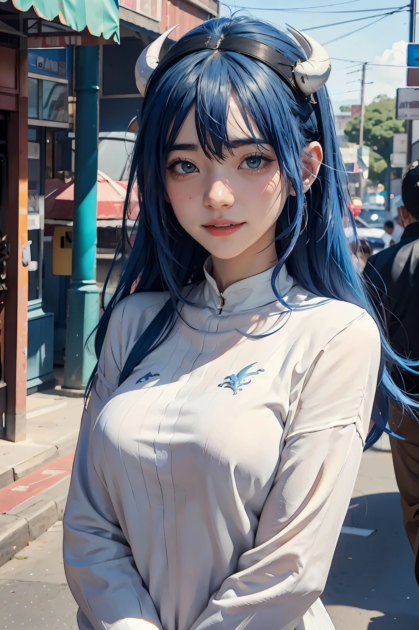 Anime girl with blue hair and horns on a street, 3D realistic anime, 2. 5 d cgi anime fantasy artwork, anime style 3d, anime style. 8k, 4k anime style, 3d style realistic anime, deviantart artstation cgscosiety, digital anime art, guweiz style art art, detailed digital anime art, white shirt, dragon wings