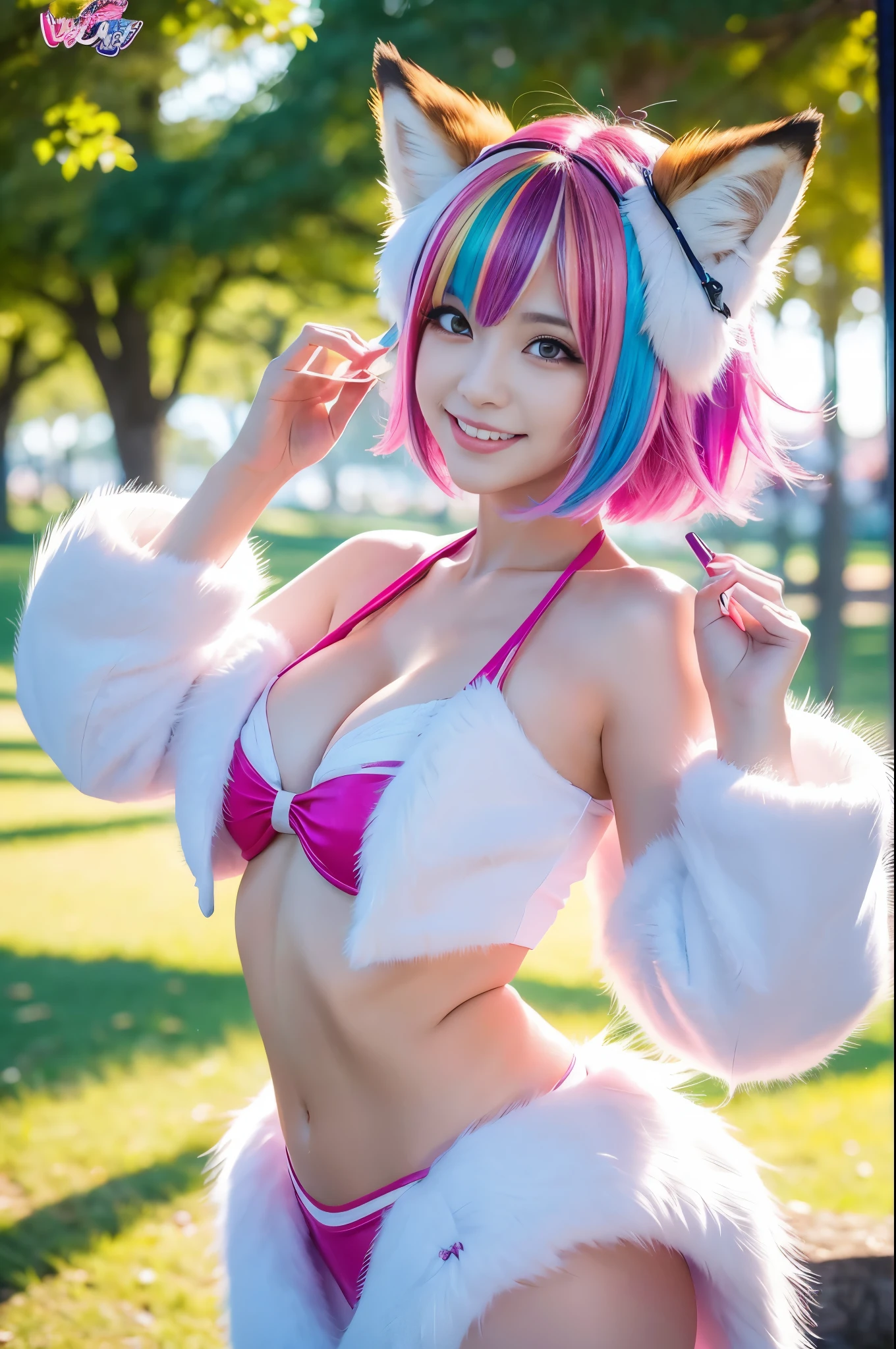 ultra sexy female, (-anime), only 1 female, very short hair, beautiful smile, lipgloss, long lashes, defined eyebrows, detailed fox anime cosplay, fluffy fur vivid colors outfit, cosplay accessoires, fox ears, vivid colors, look at the camera, cinematic light, large park background with trees, sweet and sexy pose