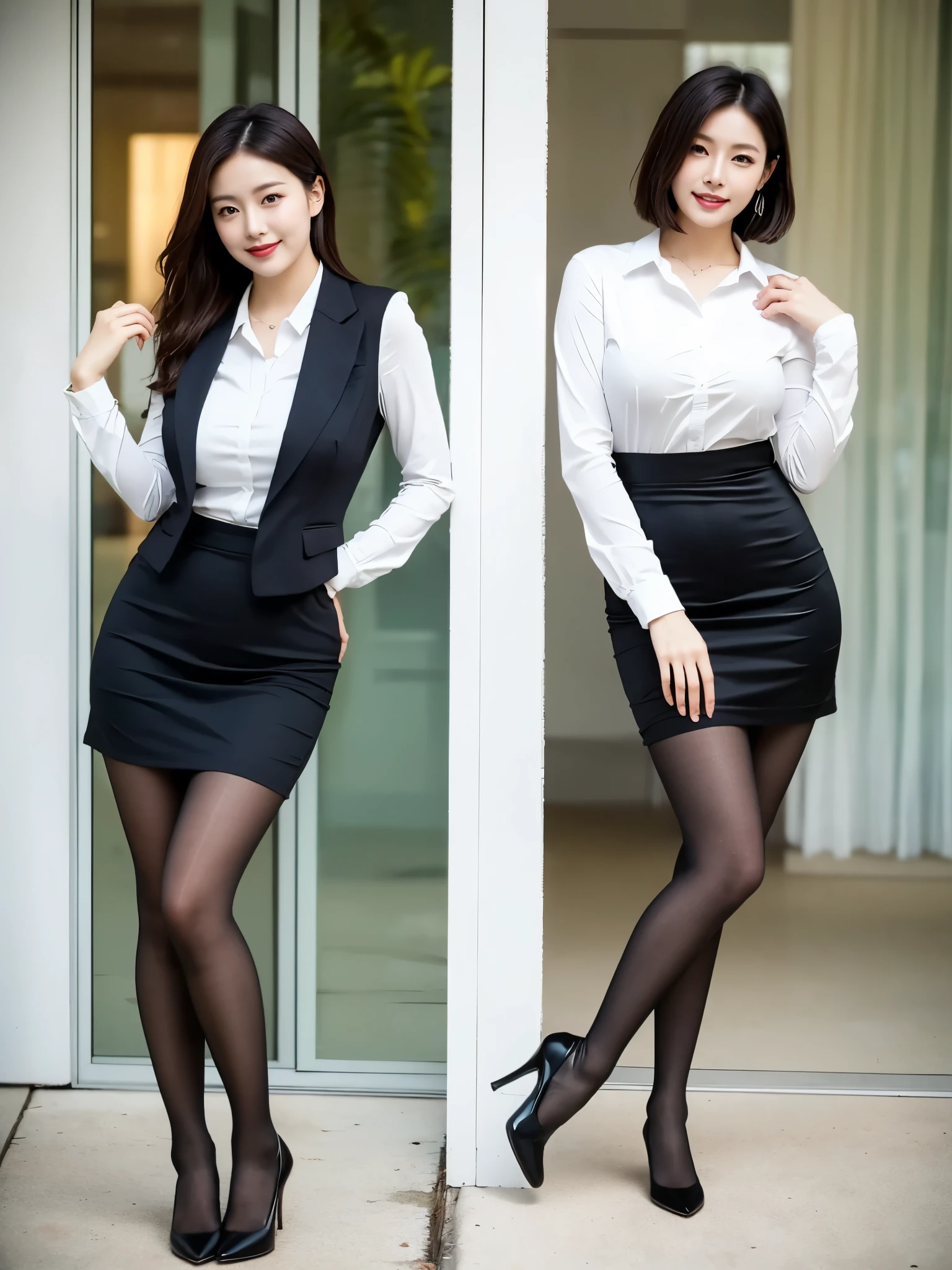 (((masterpiece))), (((highest quality: 1.4))), ((Super detailed: 1.4)) ,ulzzang-6500-v1.1, (RAW Photos:1.2), (Realistic), (masterpiece:1.3), (Genuine:1.4), (Full Body Shot:1.15), Leaning forward、From above、Happy expression、Beautiful woman、Sharp eyes、Charm, captivating and mesmerizing, Sexy Girls, wonderful, Japanese Model, suit、skirt、Ultra-realistic pantyhose、High heels、office, ((Ultra-realistic pantyhose))、Lovely lady, Gorgeous Chinese Model,Sharp eyes、Charm, captivating and mesmerizing, Sexy Girls, wonderful, Japanese Model, Natural Skin Shader, Volumetric, Warm shades beneath her skin,