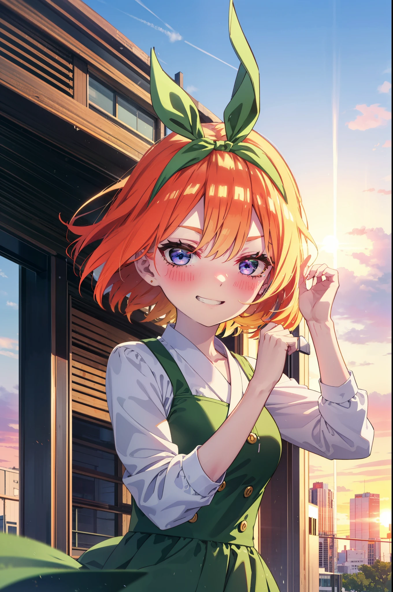 yotsubanakano, yotsuba nakano, bangs, short hair, blue eyes, Hair between the eyes, hair ribbon, hair band, Orange Hair, (Green ribbon:1.5), smile, Grin,smile,Sleeveless green dress,Bare arms,Green long skirt,Cute heeled sandals,sunset,evening,The sun goes down,My hair is blowing in the wind,whole bodyがイラストに入るように,Looking down from above,
break outdoors, city,海岸通り
break looking at viewer, whole body,
break (masterpiece:1.2), highest quality, High resolution, unity 8k wallpaper, (shape:0.8), (Beautiful details:1.6), Highly detailed face, Perfect lighting, Highly detailed CG, (Perfect hands, Perfect Anatomy),