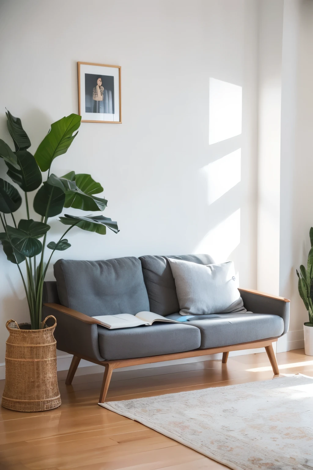 Close-up front view of a comfortable gray sofa with Many details, minimal design house, 9am light up, MacBook, Magazine, Book, vase, ((high quality)), ((Many details)), ((color) real)), ((real light)),Blurred background of windows and white wall，There are paintings on the wall