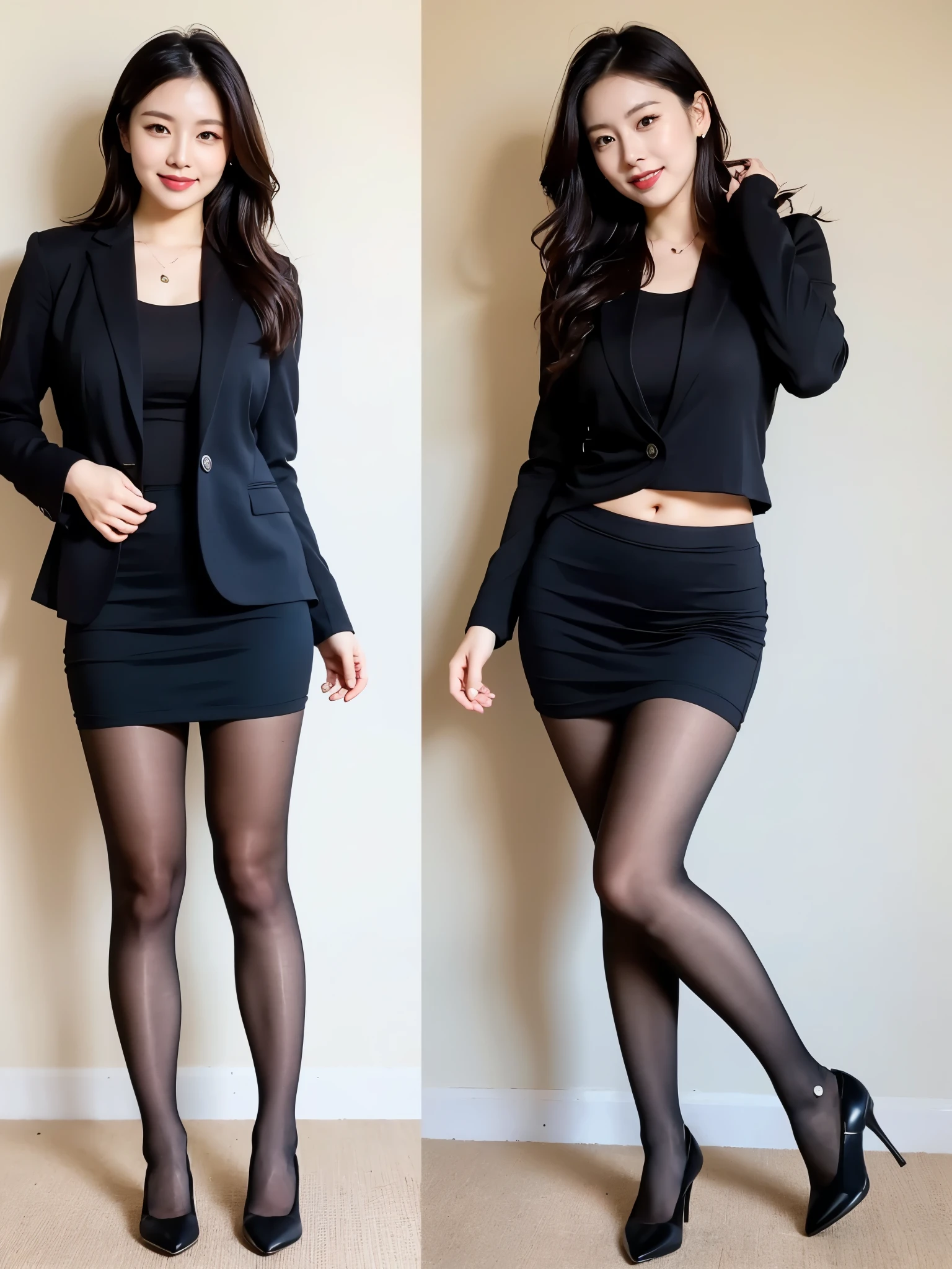(((masterpiece))), (((highest quality: 1.4))), ((Super detailed: 1.4)) ,ulzzang-6500-v1.1, (RAW Photos:1.2), (Realistic), (masterpiece:1.3), (Genuine:1.4), (Full Body Shot:1.15), Leaning forward、From above、Happy expression、Beautiful woman、Sharp eyes、Charm, captivating and mesmerizing, Sexy Girls, wonderful, Japanese Model, suit、skirt、Ultra-realistic pantyhose、High heels、office, ((Ultra-realistic pantyhose))、Lovely lady, Gorgeous Chinese Model,Sharp eyes、Charm, captivating and mesmerizing, Sexy Girls, wonderful, Japanese Model, Natural Skin Shader, Volumetric, Warm shades beneath her skin,