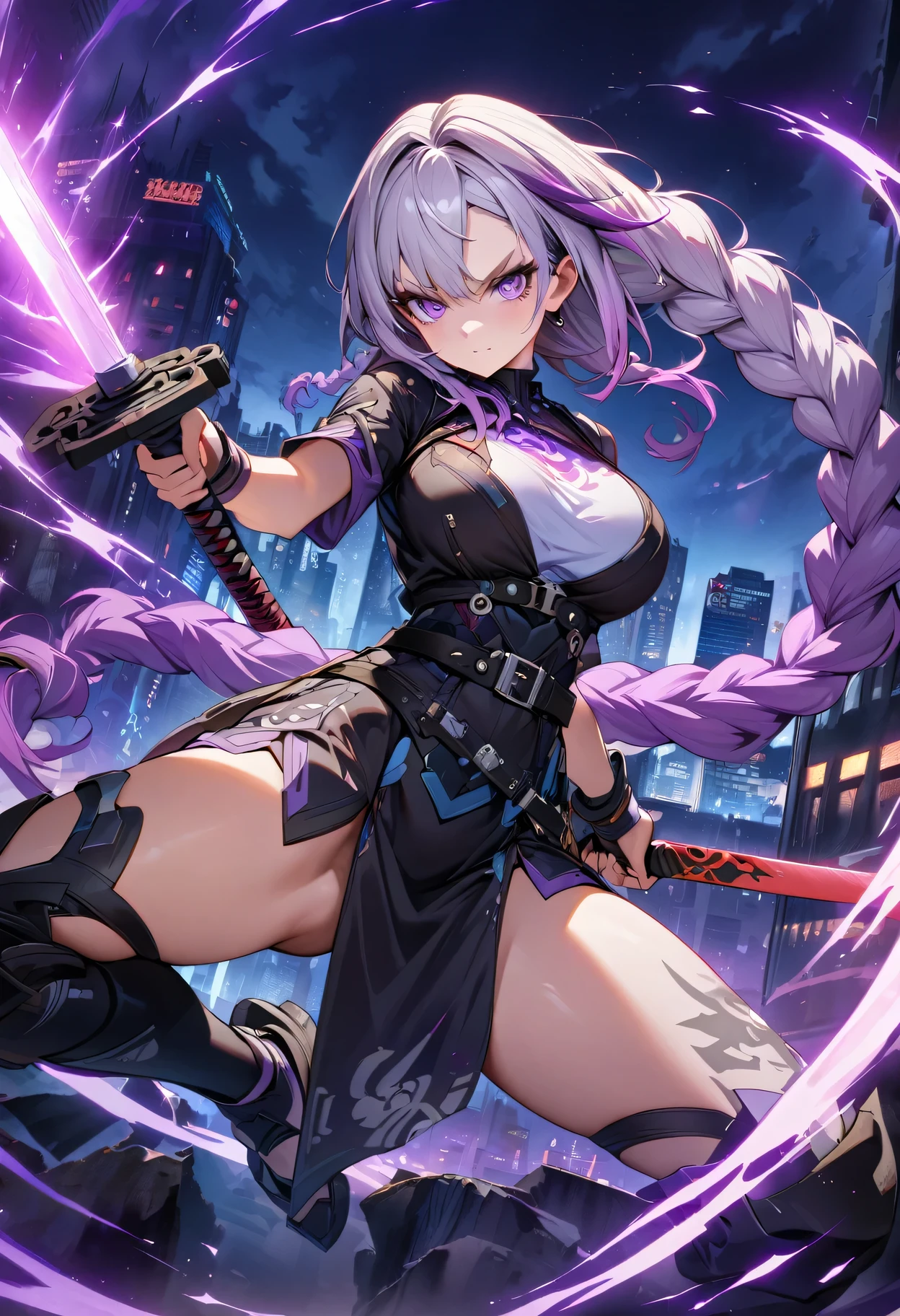 Night view, yinji , 1 Girl, purple hair,purple eyes,very long hair,grey hair,double braid,large breasts,gradient hair, Full body portrait of a man posing fiercely against a neon-lit city background, Holding a samurai sword glowing in the dark. Have a tattoo, Super detailed, ready to fight, Serious expression, Super detailed samurai sword ,cool, personality, brave,masterpiece, best quality, (Highly detailed CG Unity 8k wallpaper) (best quality), (Best Illustration),