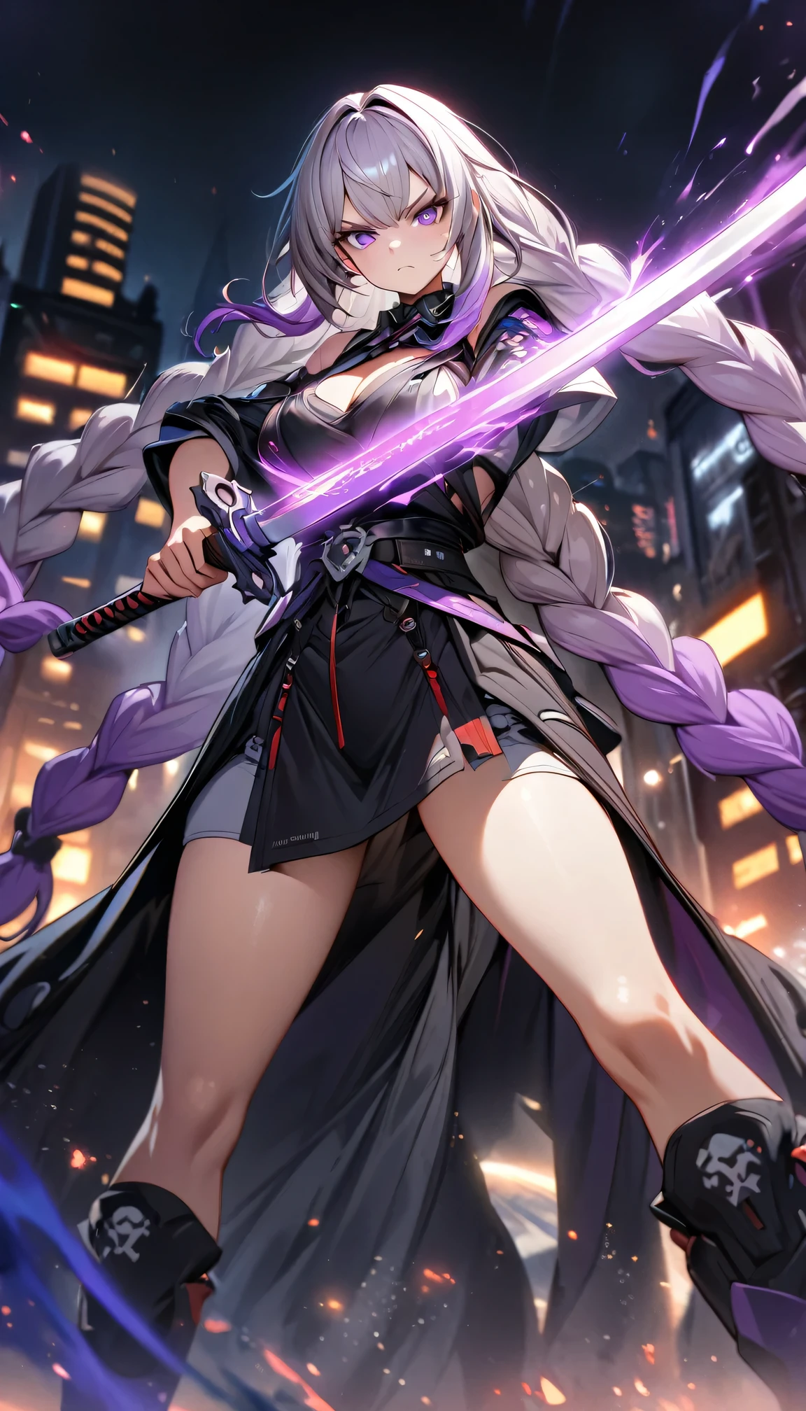 Night view, yinji , 1 Girl, purple hair,purple eyes,very long hair,grey hair,double braid,large breasts,gradient hair, Full body portrait of a man posing fiercely against a neon-lit city background, Holding a samurai sword glowing in the dark. Have a tattoo, Super detailed, ready to fight, Serious expression, Super detailed samurai sword ,cool, personality, brave,(Medium shot,Depth of Field),masterpiece, best quality, (Highly detailed CG Unity 8k wallpaper) (best quality), (Best Illustration),