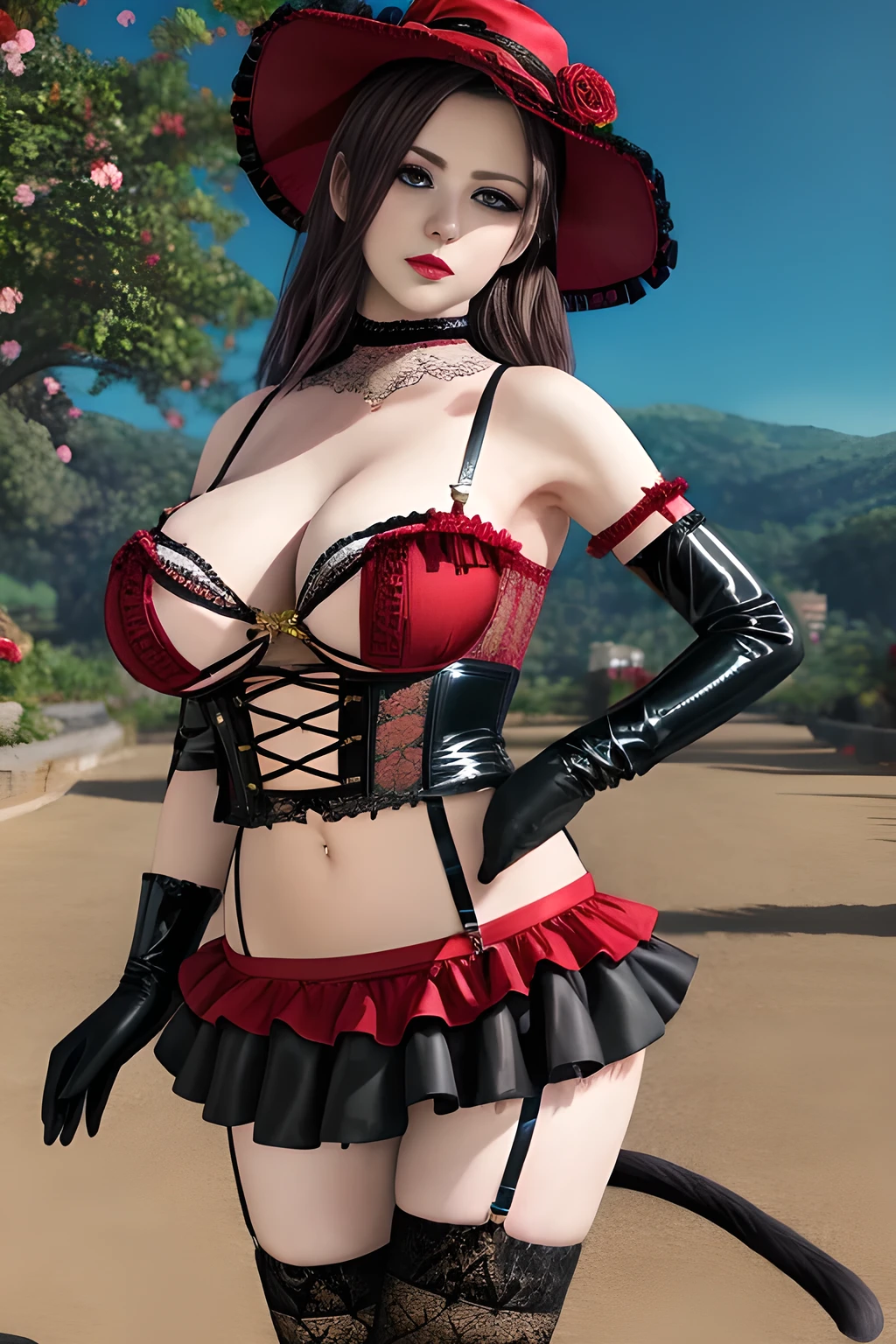 1 girl,BREAK (Royal:1.4), (red and black theme:1.5), ((red) bucket hat with rose corsage:1.4), (fusion of black high neck crop top and latex (red bustier):1.4), ((floral lace, see-through):1.3), ((sleeveless, bare shoulders):1.3), (red tiered skirt with black ruffles:1.4), ((ultra long gloves) with floral lace:1.3), (wrap a (cat garter) around thighs:1.4), outdoor,elegant,nighttime,moonlighe,shiny skin,( huge breasts), lip gloss,tattoos, masterpiece, best quality, realistic ,Surrealism,natural colors art in 8k,soft shadows,High-definition RAW color photos professional portrait photos,solo,  elise,