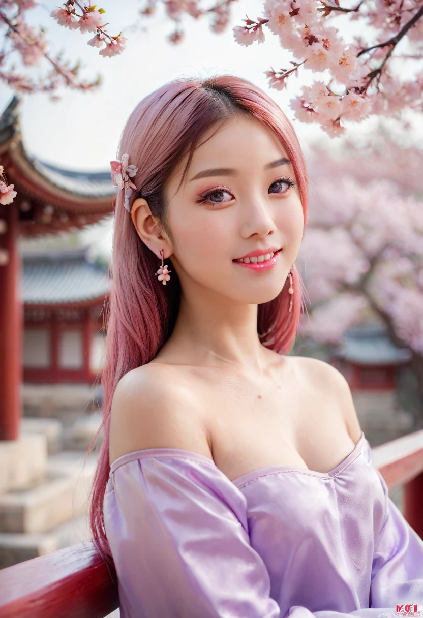 loraggl15, 1 girl, (ulzzang-6500:0.7), Kpop-idea, yae miko, detached sleeves, bare shoulders, pink hair, long hair, japanese clothes, best quality, (painting:1.5), (hair decoration:1. 35), jewellery, purple eyes, earrings, breasts, torii, cherry blossoms, lantern light, depth of field, detailed face, face focus, bow_trim, (viewer view:1.25), non-traditional miko, shiny skin, long sleeves, smile, thick lips, play CG, hands on lips, East Asian architecture, (blurred background:1.2), sitting, upper body,loraggl15, perfect eyes