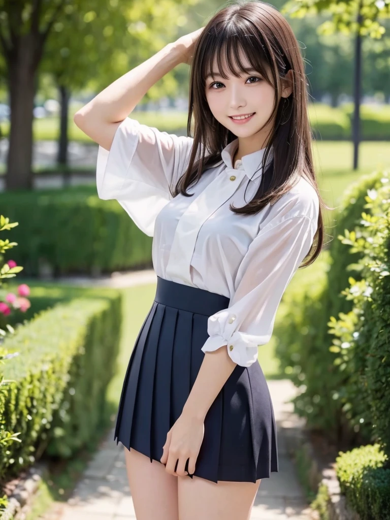 Woman posing for a photo, ((whole bodyショット)), The most beautiful Japanese models, 17 year old female model, 4k、bangs、(((smile))), (Semi-long hair), 非対称なbangs, Straight hair、(White shirt, Green tie , Dark blue pleated skirt:1.2), (Idol-like and super cute face:1.4), whole body, Slim and beautiful figure, sexy, Beautiful breasts, Laughter, The background is a row of fresh green trees, (Raw photo, highest quality, masterpiece, Ultra-detailed, Ultra-high resolution, Realistic),