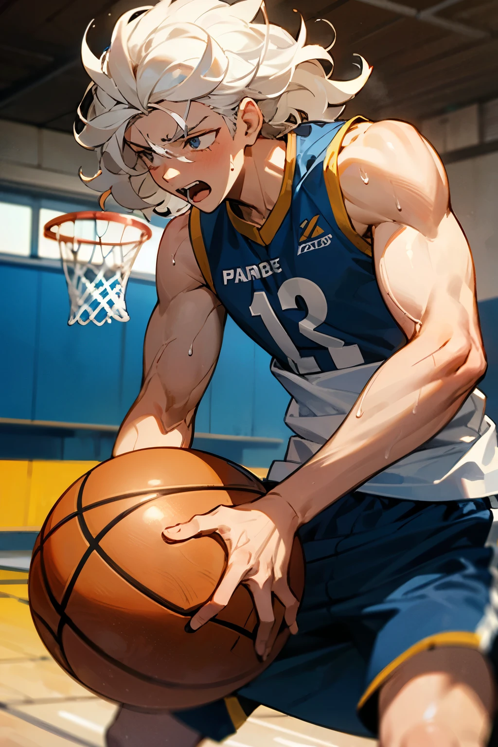 A muscular young boy playing basketball,He is a white European,His hair is white and curly,He is sweating and panting。