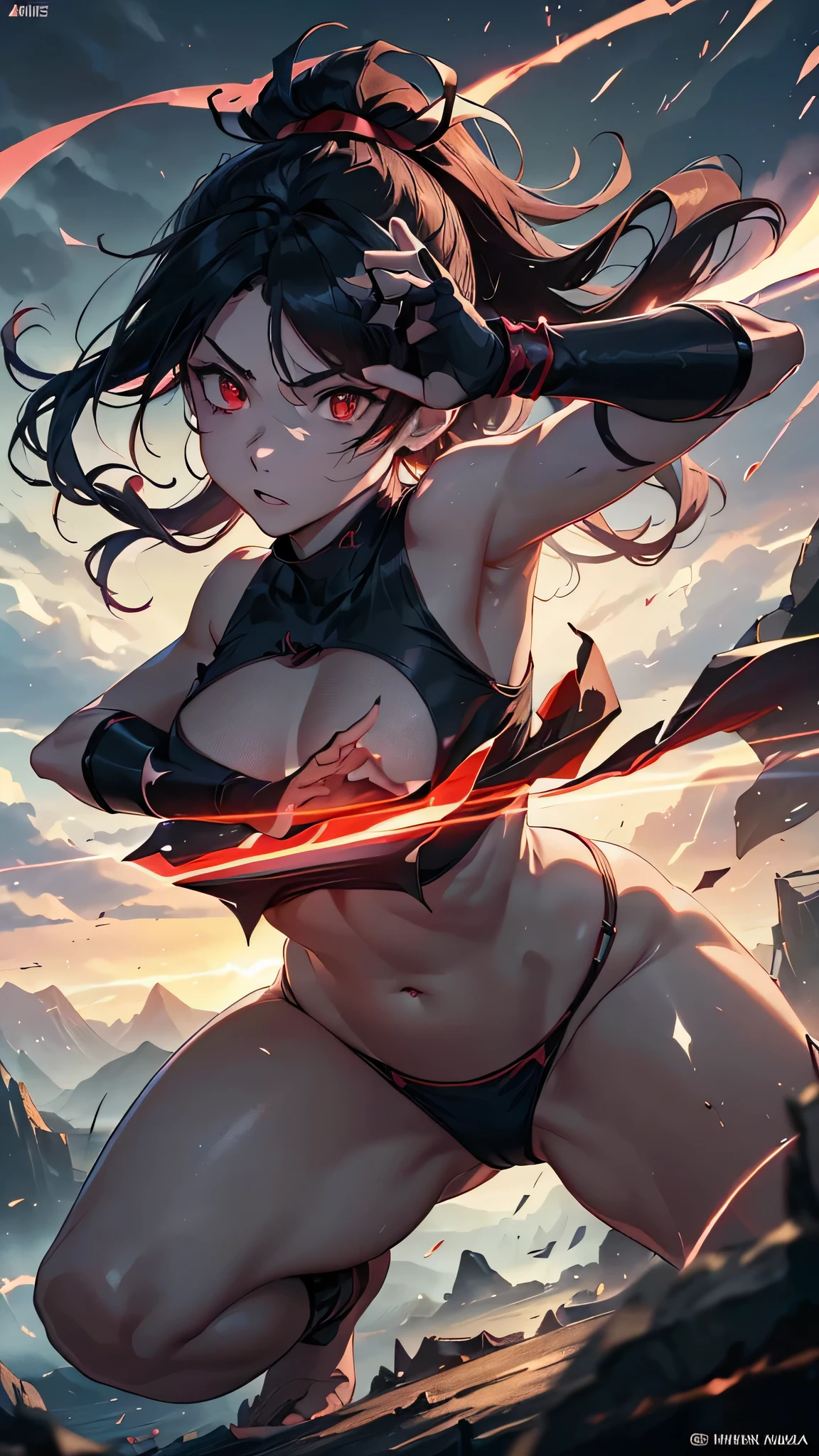 Highest quality、Highest quality、Masterpiece、girl((Age 25、as soon as、Highest Bust、Medium Bust、Wide open chest、Red glowing eyes、Black Ear、Red Mesh、Disheveled Hair、Loincloth、thin、The best valley、Open chest、Luminous Wristbands、hair ornaments、Full body view、Tank top、Black ninja costume、scar、Full body scar、Fighting Pose))、high quality、Beautiful Art、background((night、Ninja World))、flight、Flying Debris、Depth of text、movie、Visual Arts、Perfect Art、8K、Genuine、