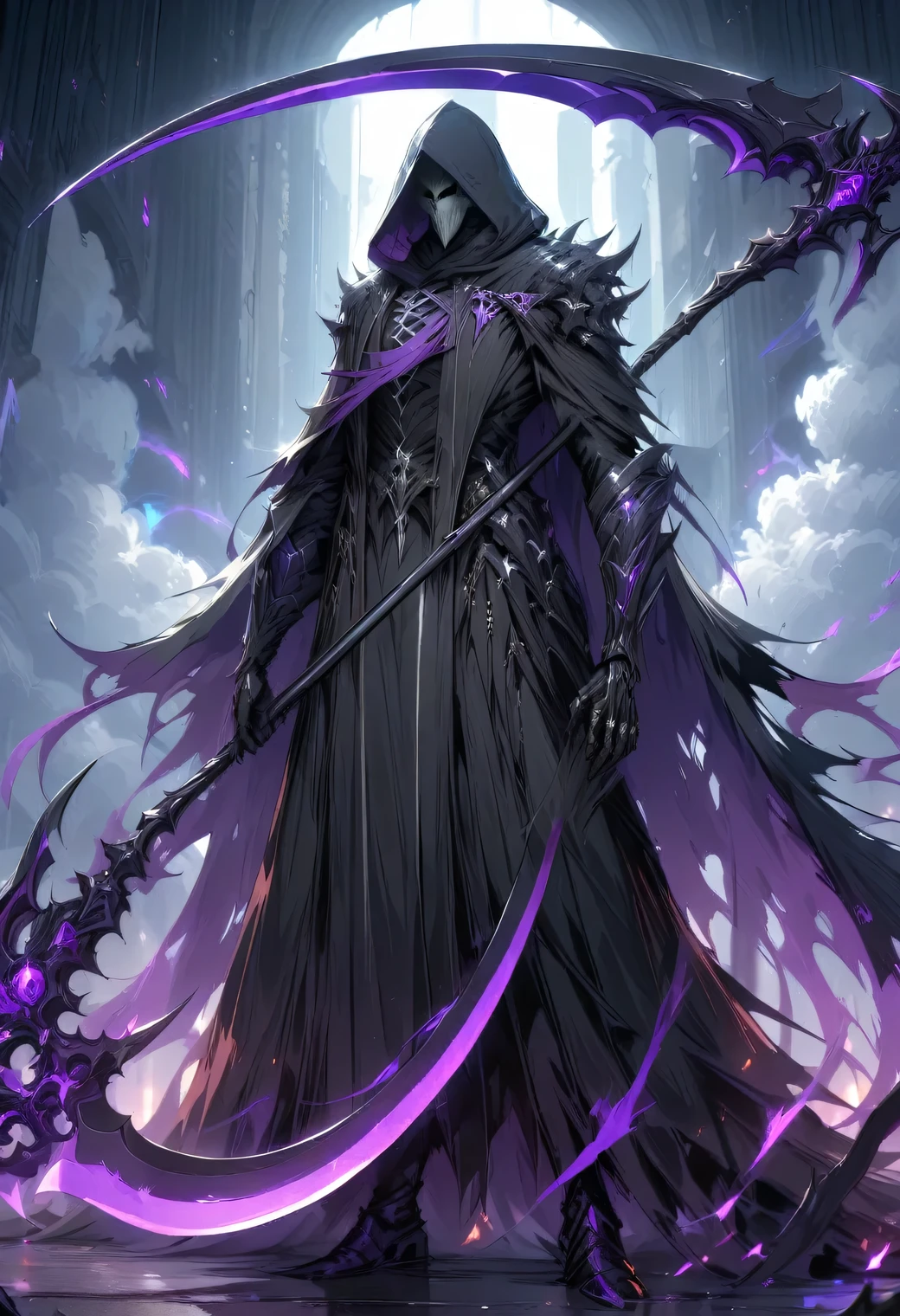 masterpiece, best quality, very aesthetic, absurdres, Black Grim Reaper silently descends from the sky with Deathscythe, hoodie, boots, tattoos and purple aura,