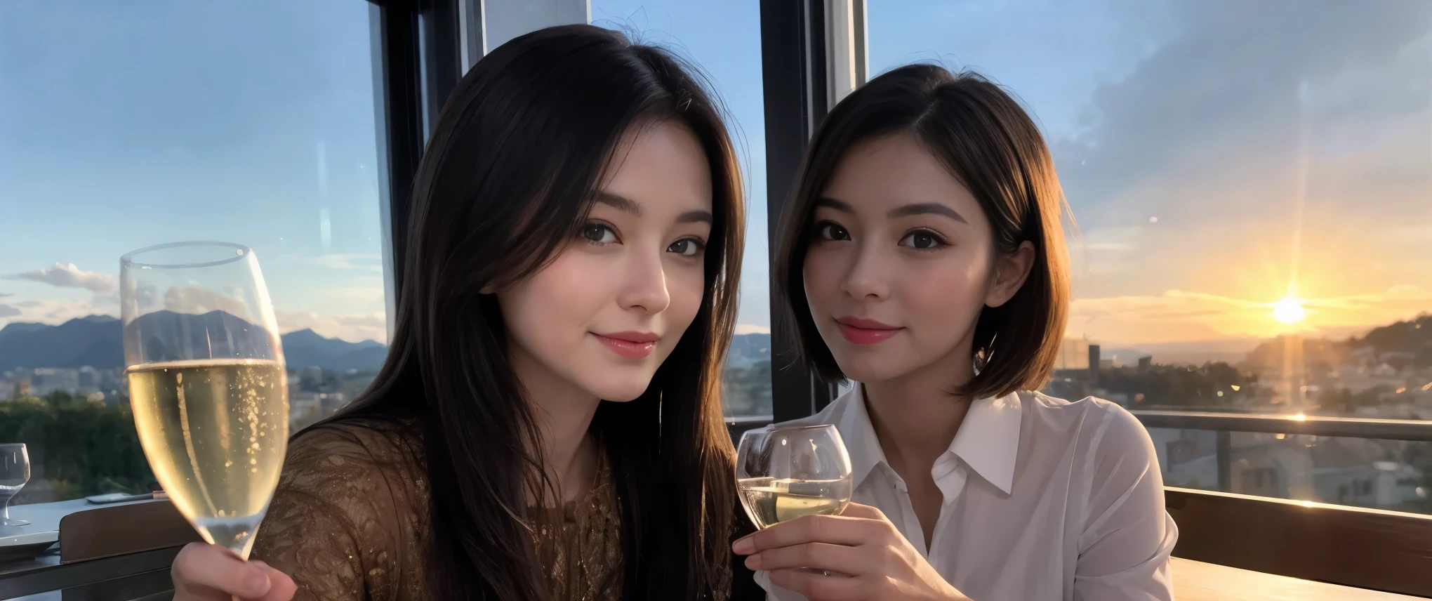 ((highest quality、8k、masterpiece:1.3))、1 male 1 female、Couple、Lovers Couple、slimなボディ、((Bob Hale、Straight hair:1.2))、(Realistic, Intricate details:1.2), テーブルにwine glass、Put the light on your face、 Amazing view of the sunset sky and clouds、Amazing mountain views、ニコニコ明るいsmile、smileの素敵な女性、Bright image、Beautiful Face, blue eyes, The light shines on your face, Blushing, short hair,Bright Face、Fox face、 (36 years old), 39 years old, Lady、red wine 、Appetizers、Italian food、Wine bottle、Champagne、sparkling wine、Two beauties、Brown Hair、Shortcuts、Long sleeve shirt、dress、Pretty Woman 1, (slimな顔), (The body is slim), (Brown Hair), (Shortcuts), cheeks turn a little red,Attractive beauty、, Out of the window, A beautiful and detailed night view unfolds.........., restaurant, In a prominent place (From the waist up) Nova Frog Style, actress, model, Upper Body, White wine, slim, wine glass, 真ん中に置かれたwine glass, smile, (smile: 1.15), Beautiful fine grain, Depth f/2,saturation, High Contrast, Strong light and shadow,Moist Body:1.5、3D texture、Delicate eyes、Brown Hair、The hair is very shiny、