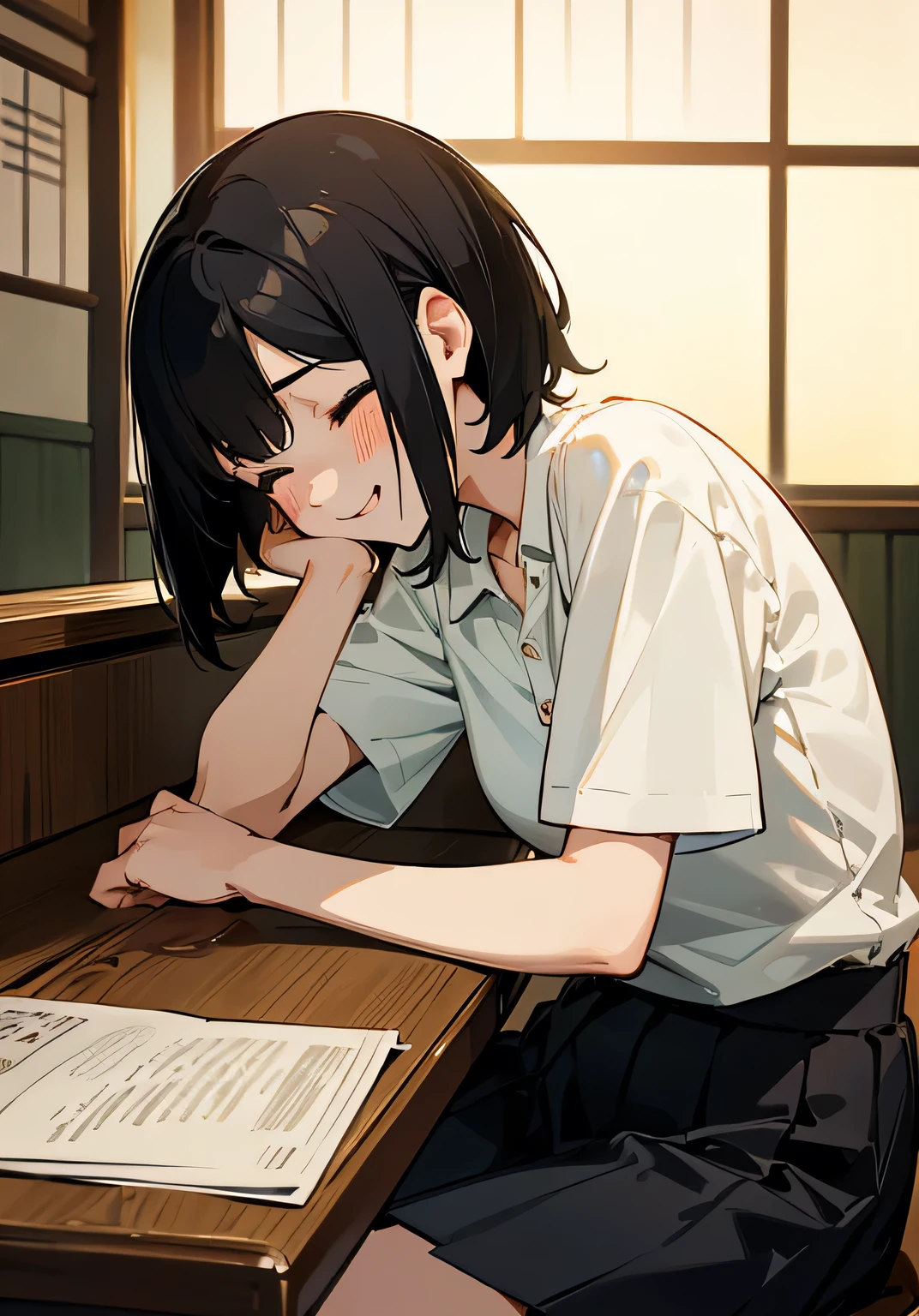{best quality}、Izakaya、He is lying face down on the desk and looking at me.、Short black hair、Female college student、Closed eyes、Drunk and flushed face、openmouth、smile、polo shirt、short-skirt、Sitting、cowboy shot