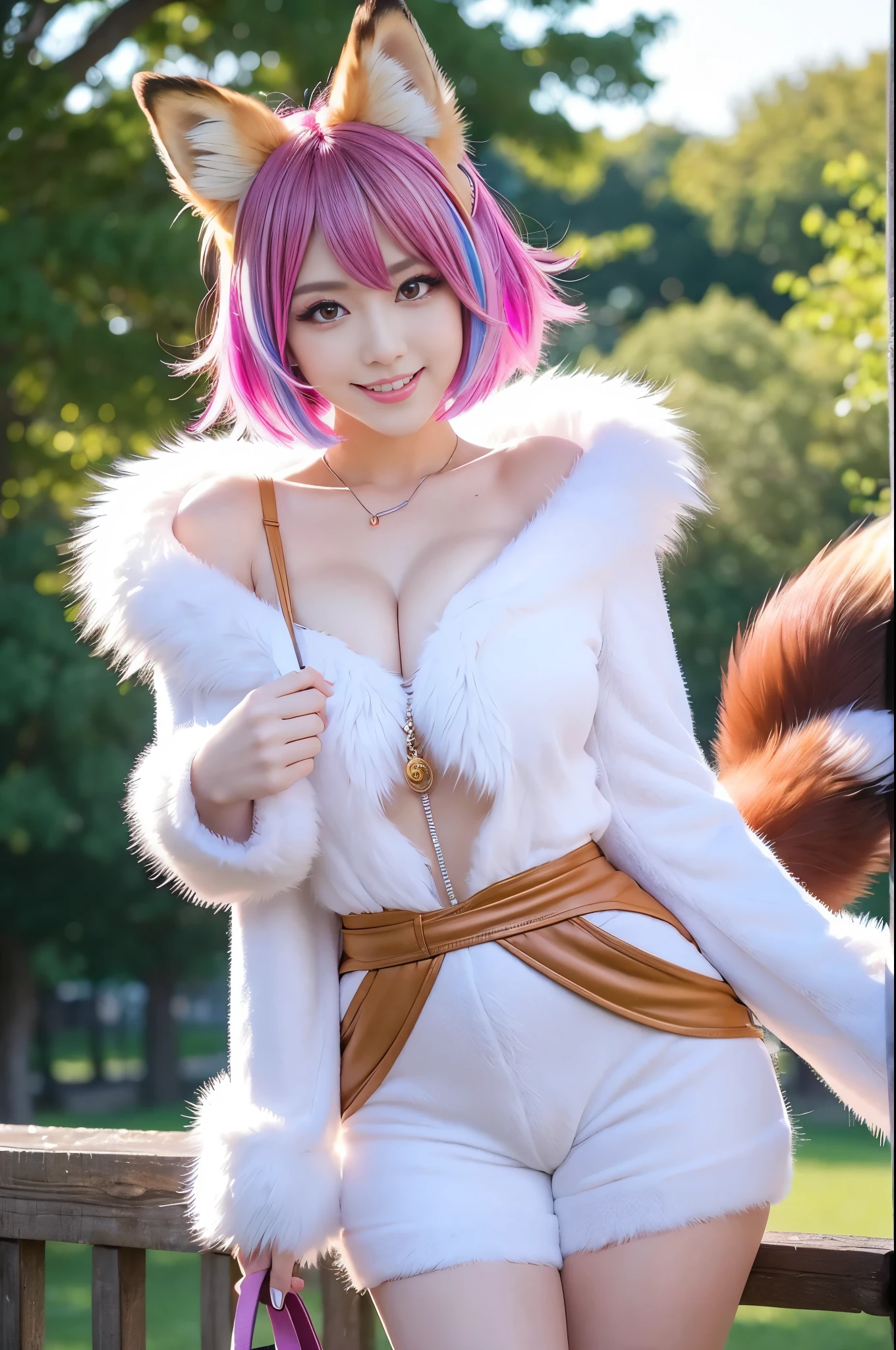 ultra  female, (-anime), only 1 female, very short hair, beautiful smile, lipgloss, long lashes, defined eyebrows, fluffy fur fox cosplay, fluffy fur vivid colors outfit, fox cosplay accessoires, fox ears, vivid colors, look at the camera, cinematic light, large park background with trees, sweet and  pose