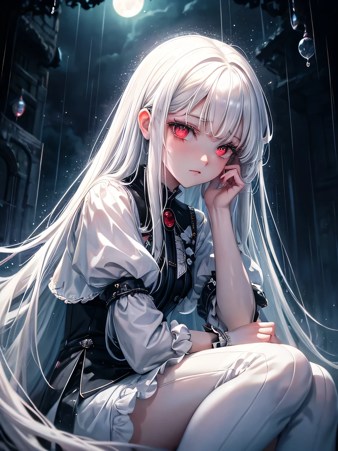 princess with white hair and red eyes sideways moon, heavy raindrops, sitting on rain, aloof face, depressed gloomy atmosphere, illustrations, vivid colors, cool tones, soft lighting,
