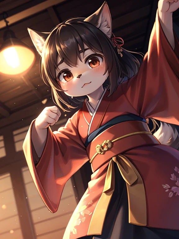 Unrealistic Perspective , dynamic angle , rule of thirds Layout , Bokeh  , dynamic fashion model action  , realistic hairy fur , round face , moist round eyes , Swollen cheeks , hair ties , Short stature , accidents , Happenings , sensational , beautiful, masterpiece, highest quality, Highly detailed face,  Perfect lighting, One girl, alone,  matoi ryuuko, kimono, kimono, short kimono,  Cowboy Shot , Dancing in the Wind , dance with wolfs