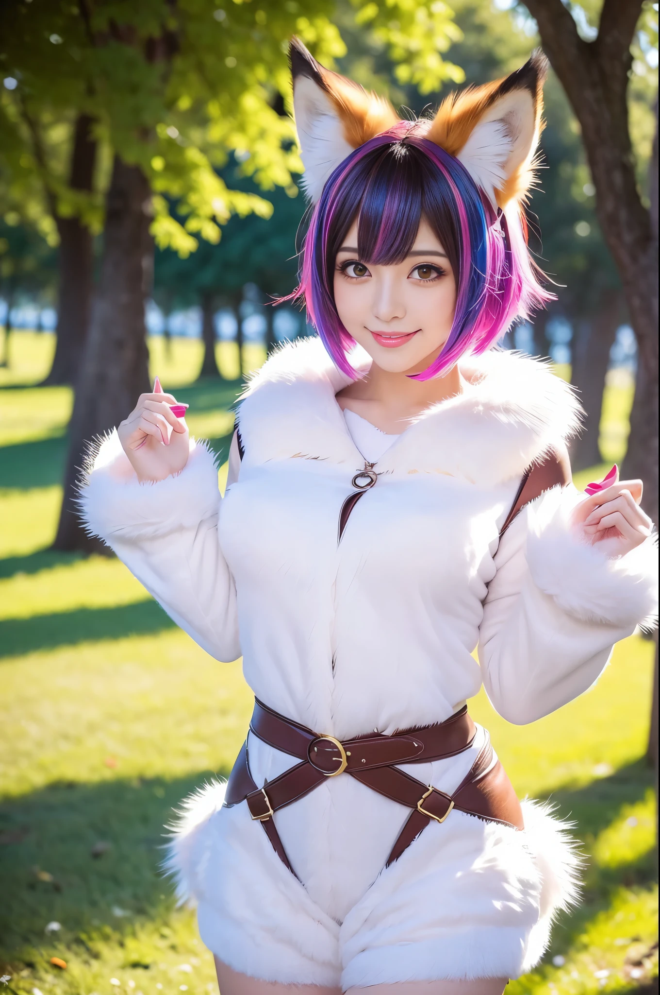 ultra sexy female, (-anime), only 1 female, very short hair, beautiful smile, lipgloss, long lashes, defined eyebrows, fluffy fur fox cosplay, fluffy fur vivid colors outfit, fox cosplay accessoires, fox ears, vivid colors, look at the camera, cinematic light, large park background with trees, sweet and sexy pose