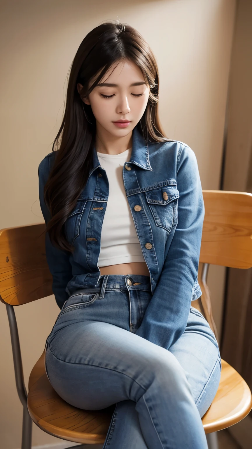 (photorealistic),(masterpiece),(ultra-detailed),a very pretty and sexy 20 year old girl holding more than liters of pee, wearing crop bubble jacket and tight denim shorts, hands jammed between thighs, lower abdomen part of the tight black jeans bulging from full bladder as sphere that is big as her as if she was fully pregnant but smooth rounded ,enduring extreme urge to pee,eyes slightly closed,pee about to come out,sweating,legs crossed very tightly,sitting on a chair